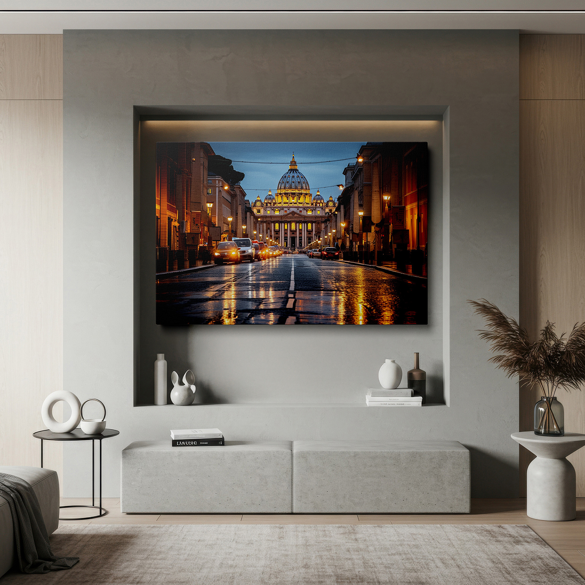 Presented on a clean white gallery wall with ample space — ethereal sunset at st. peter's basilica: a renaissance masterpiece as night falls - large canvas wall art decor