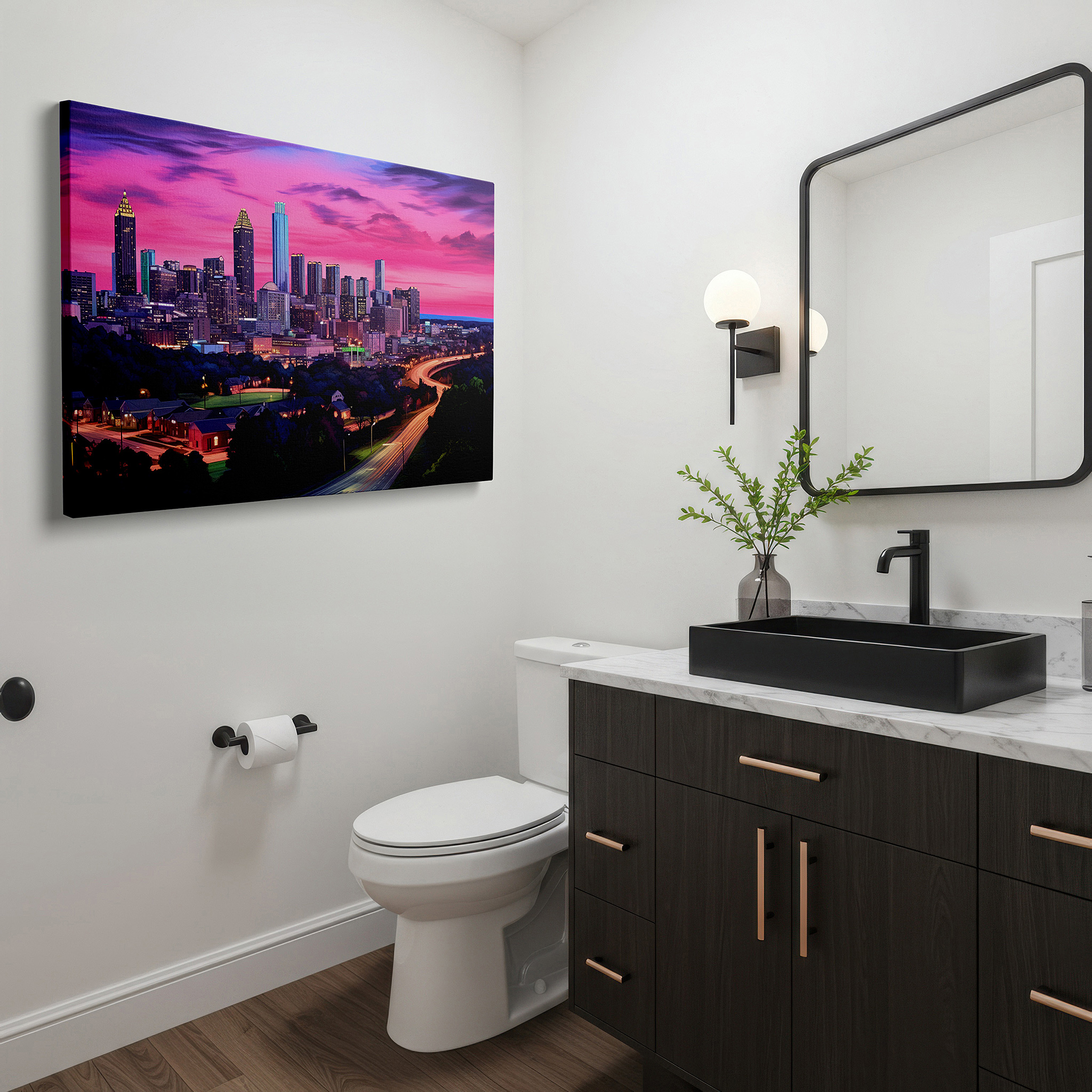 Presented on a clean white gallery wall with ample space — evening glow over atlanta skyline: a showcase of urban vitality and architectural beauty - large wall art, canvas wall art, wall decor for office