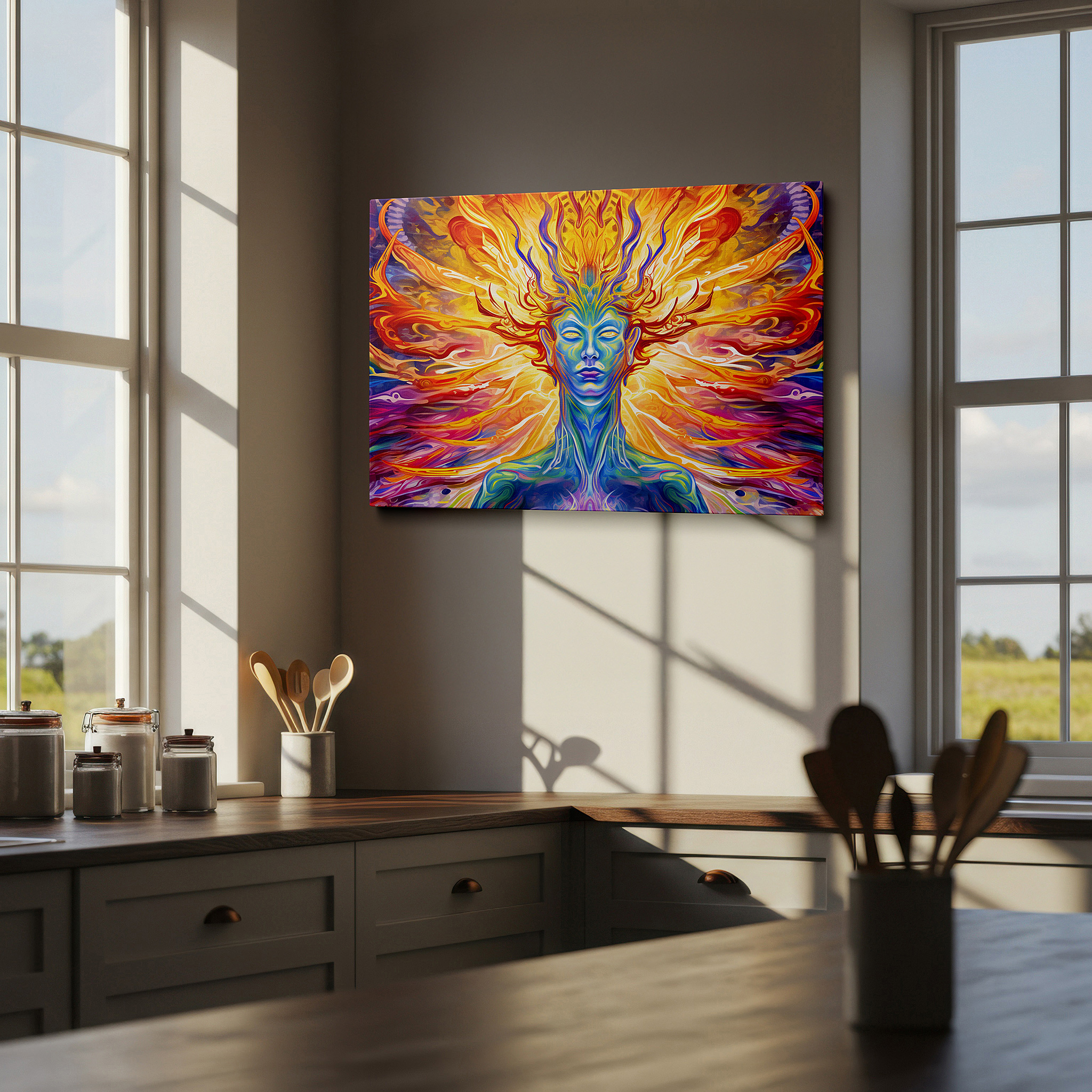 Presented on a clean white gallery wall with ample space — explore identity and creativity with vibrant abstract wall art: large canvas pieces for home and office decor