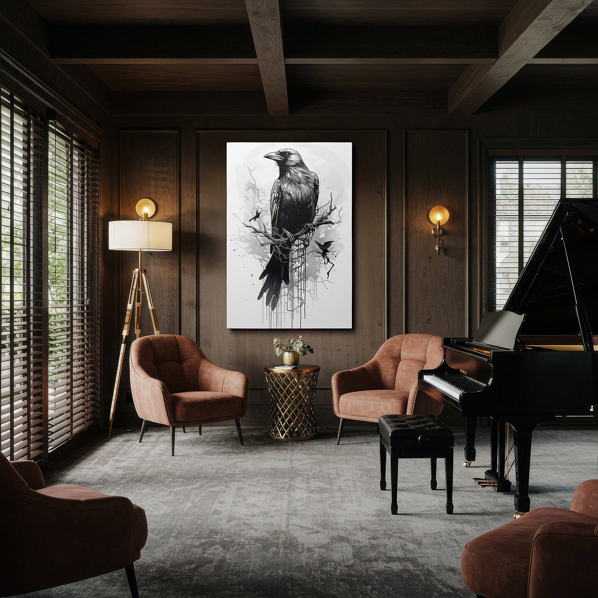 Presented on a clean white gallery wall with ample space — exquisite black and white illustration of a detailed bird perched elegantly - large wall art, canvas wall art, wall decor for office