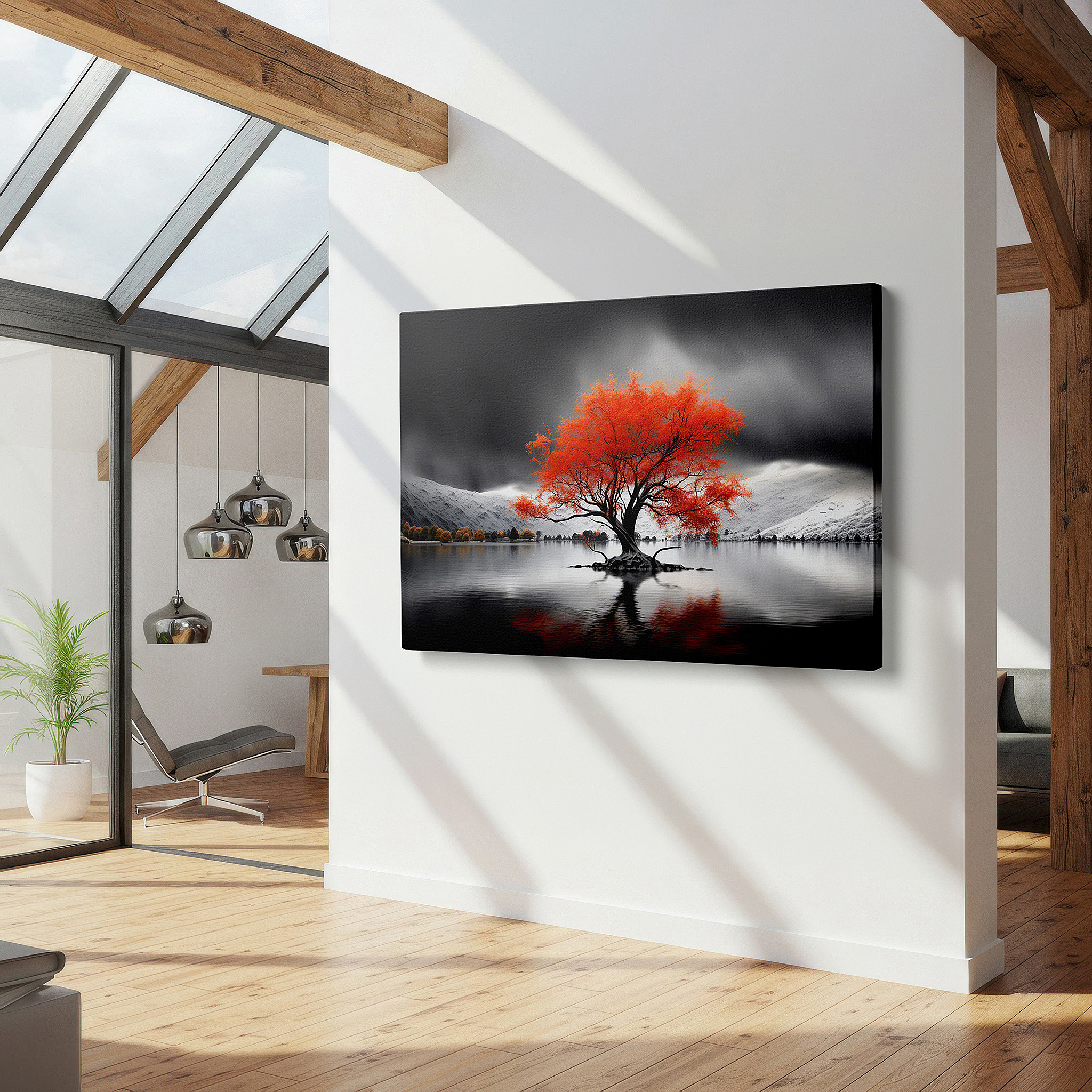 Presented on a clean white gallery wall with ample space — fiery autumn tree against stark mountains: a symbol of life's fragility and strength - large wall art, canvas print, home and office decor