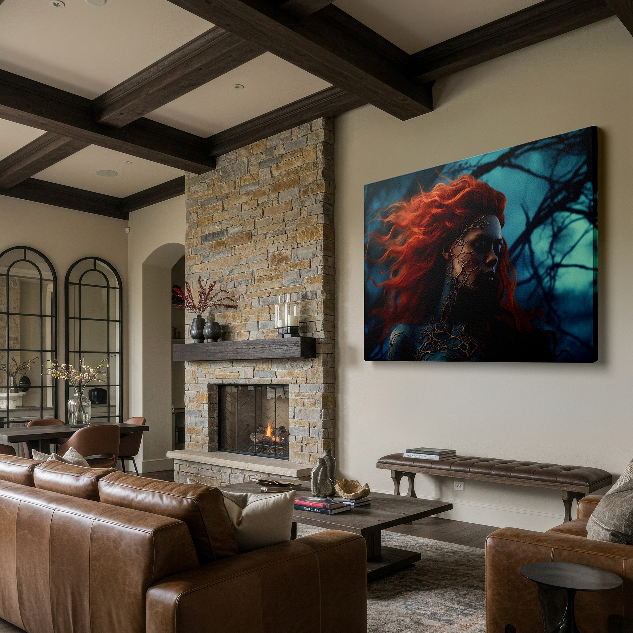 Presented on a clean white gallery wall with ample space — fiery hues of mystical nature: transformative large wall art for office, bedroom, and living spaces