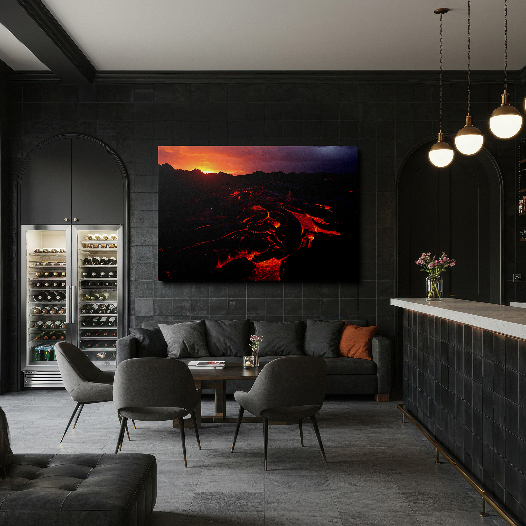 Presented on a clean white gallery wall with ample space — fiery skies and molten earth - a striking exhibition of nature's irresistible power and splendor large wall art, canvas wall art, wall decor, office art