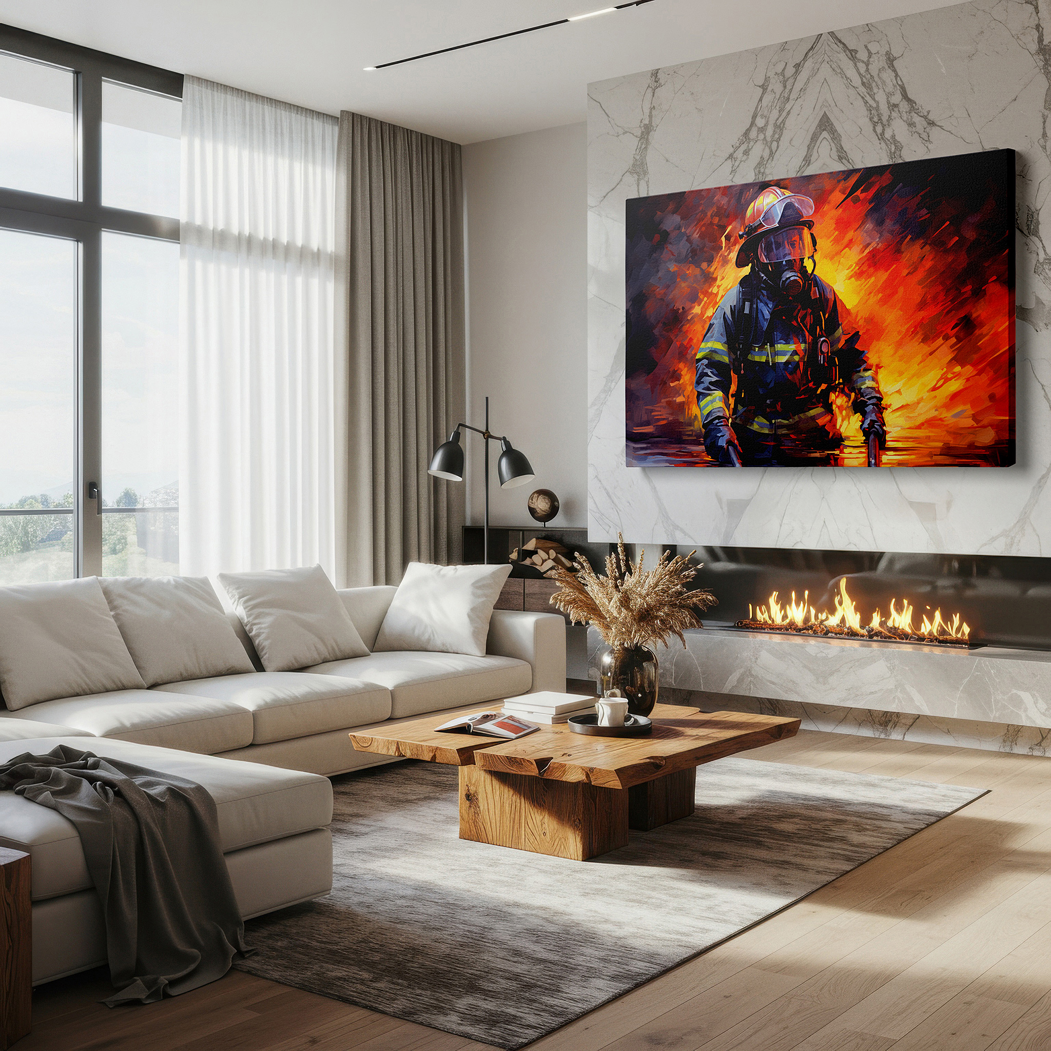 Presented on a clean white gallery wall with ample space — firefighter's bravery amidst flames large wall art, canvas decor for office, bedroom, and living room