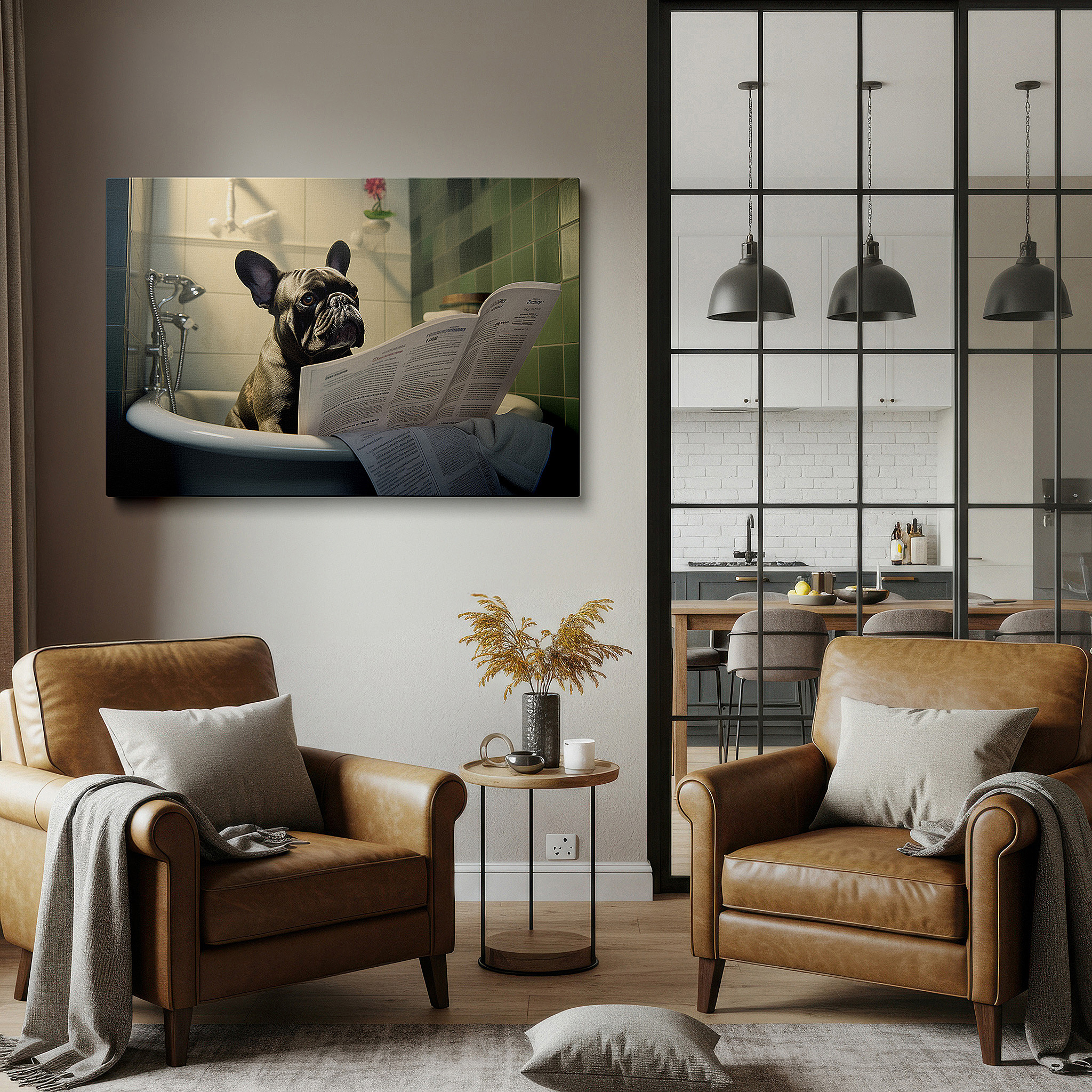 Presented on a clean white gallery wall with ample space — french bulldog enjoys cozy bathroom read large wall art, canvas wall art, wall art decor, office wall art, bedroom wall art, living room wall art