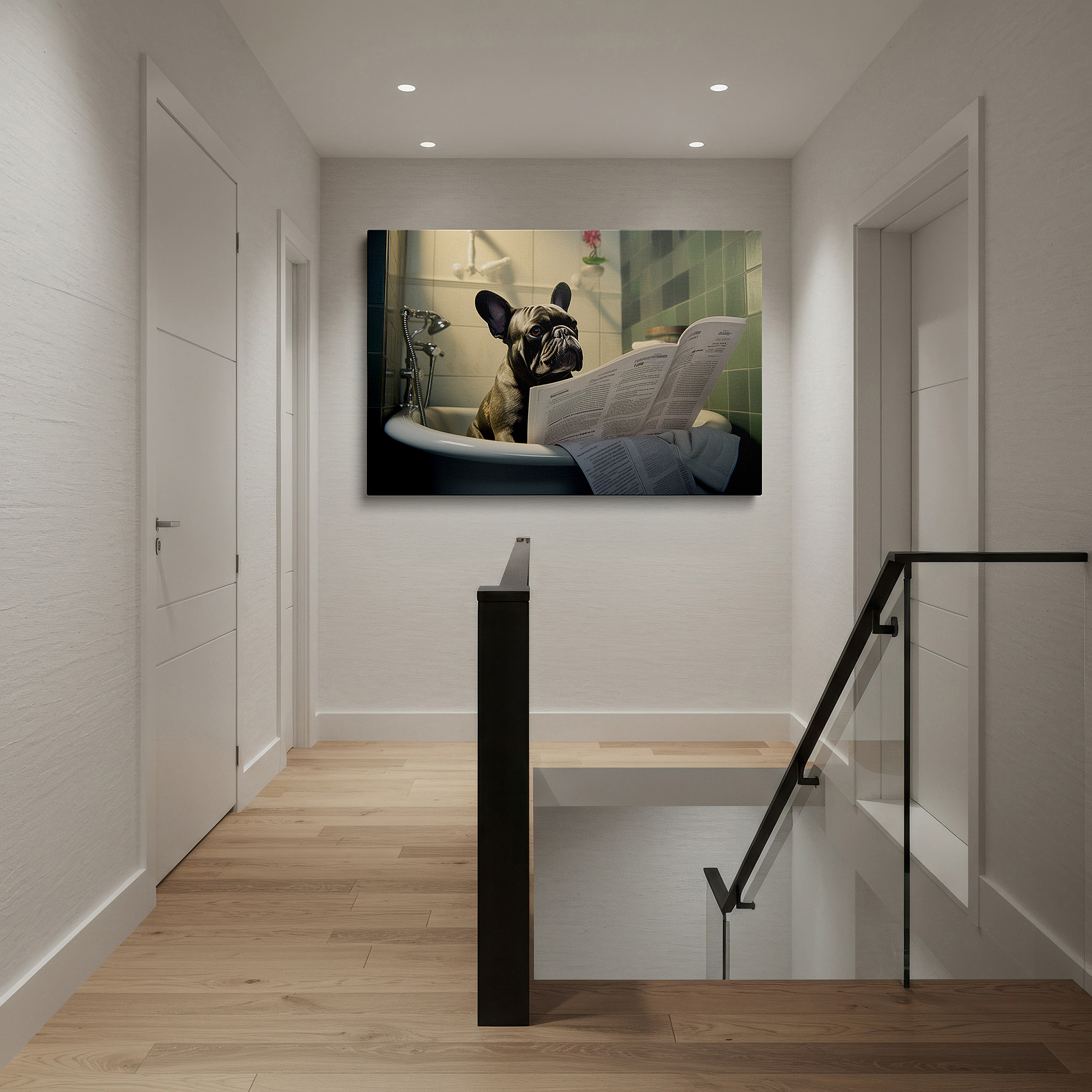 Presented on a clean white gallery wall with ample space — french bulldog relishing a bath and reading the newspaper - large canvas wall art for office, bedroom, and living room decor