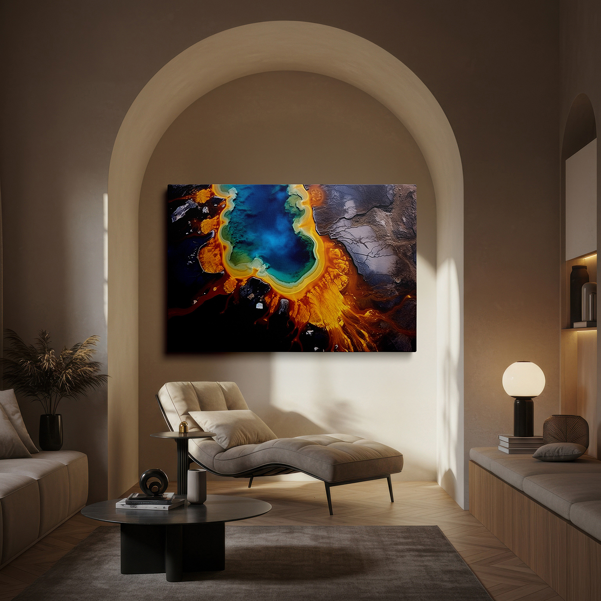 Presented on a clean white gallery wall with ample space — geothermal wonders aerial view: vibrant pools and earthy tones - large canvas wall art for office and bedroom decor