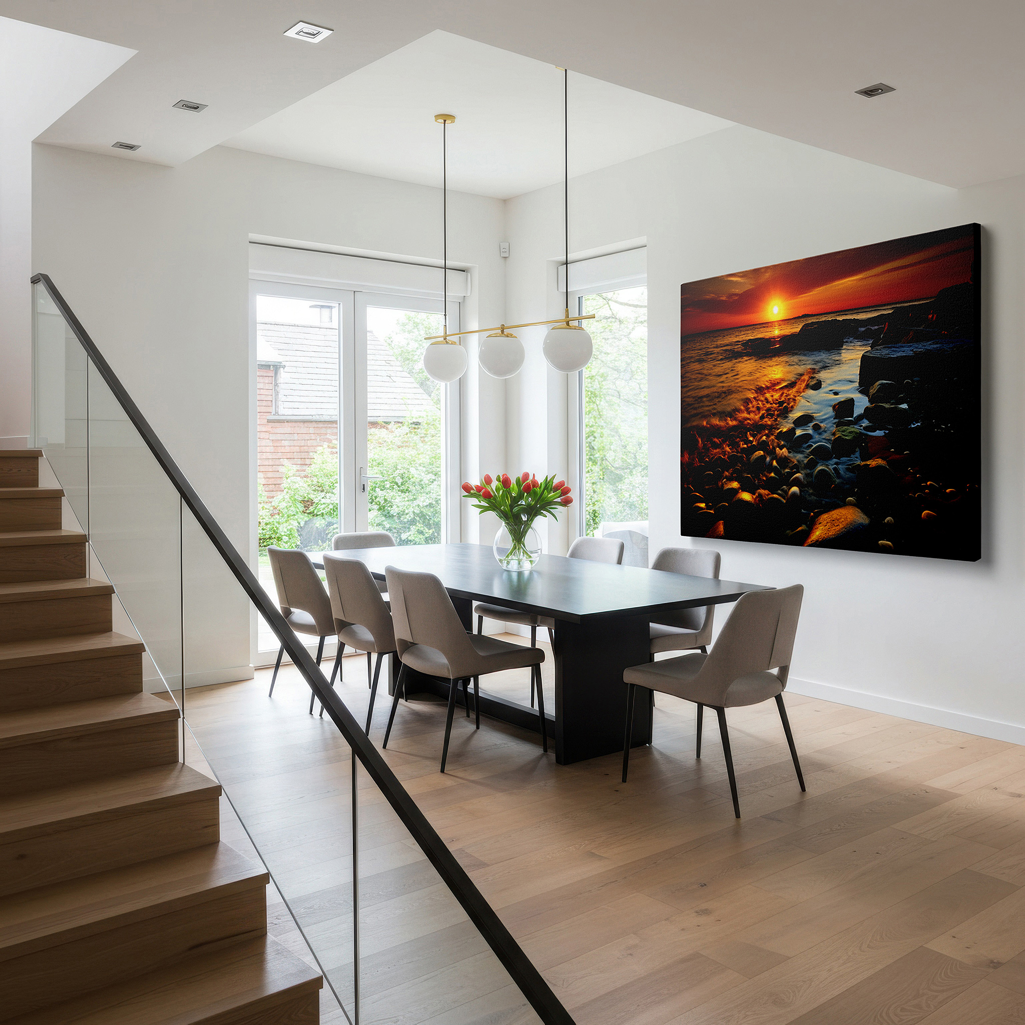 Presented on a clean white gallery wall with ample space — golden hour seaside glow: waves crashing on rugged rocks beneath a radiant sunset - large canvas wall art for home and office decor