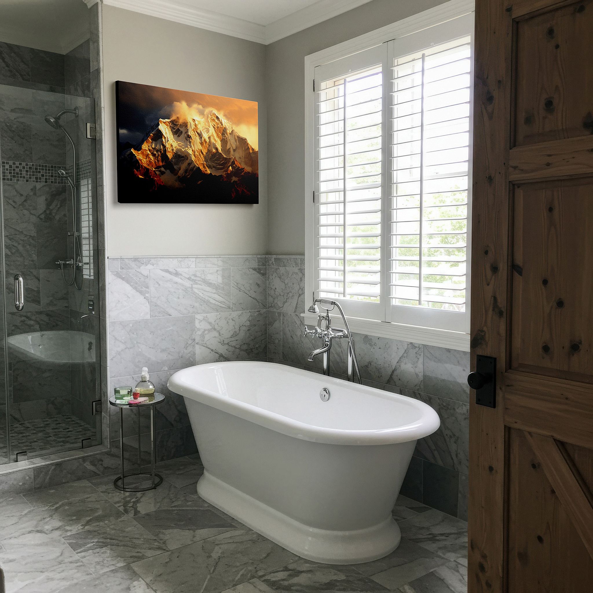 Presented on a clean white gallery wall with ample space — golden light on majestic peaks: a striking display of nature's splendor, large canvas wall art for home and office decor