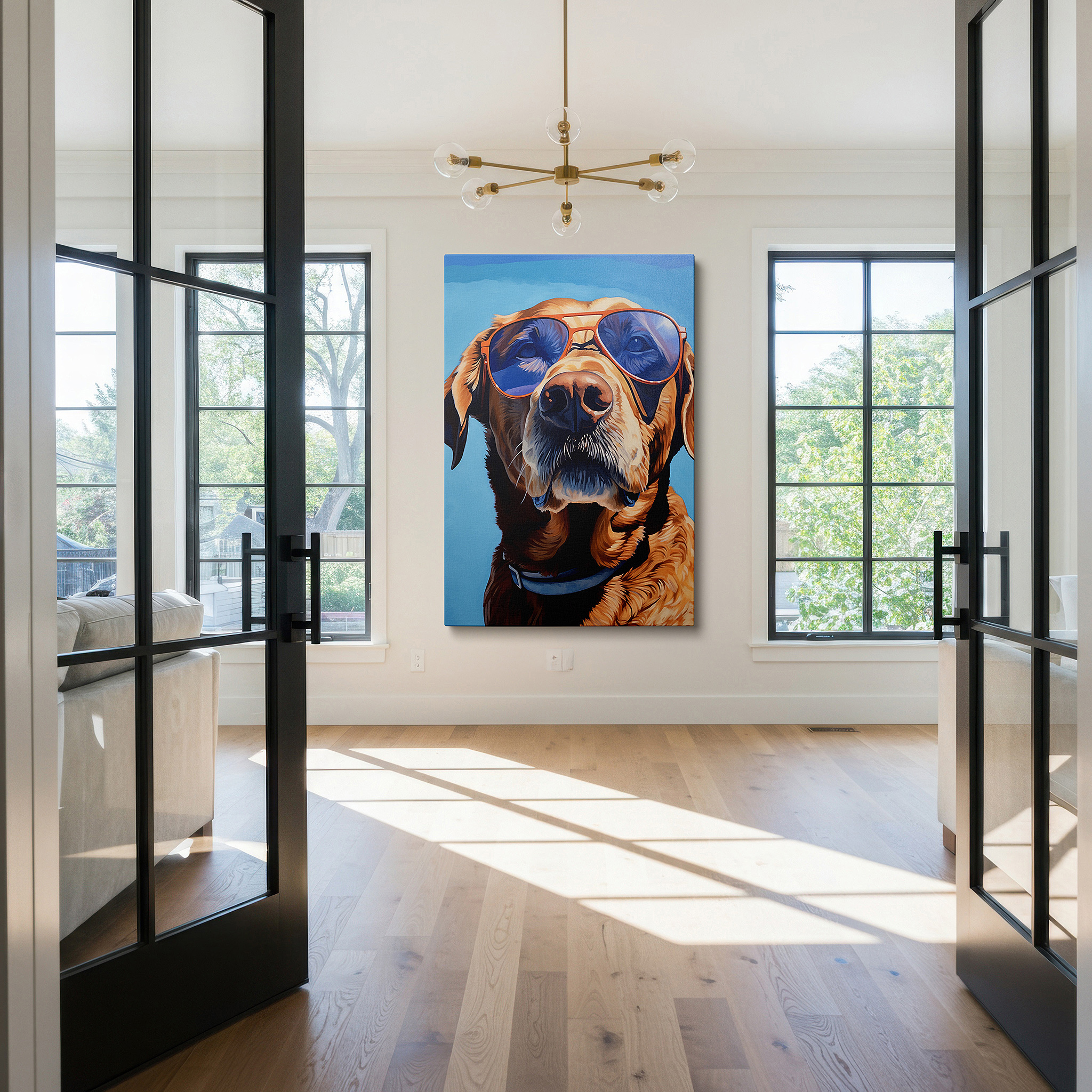 Presented on a clean white gallery wall with ample space — golden retriever in sunglasses exudes summer bliss on a bright blue sky background - large wall art, canvas wall art, wall decor for office and bedroom