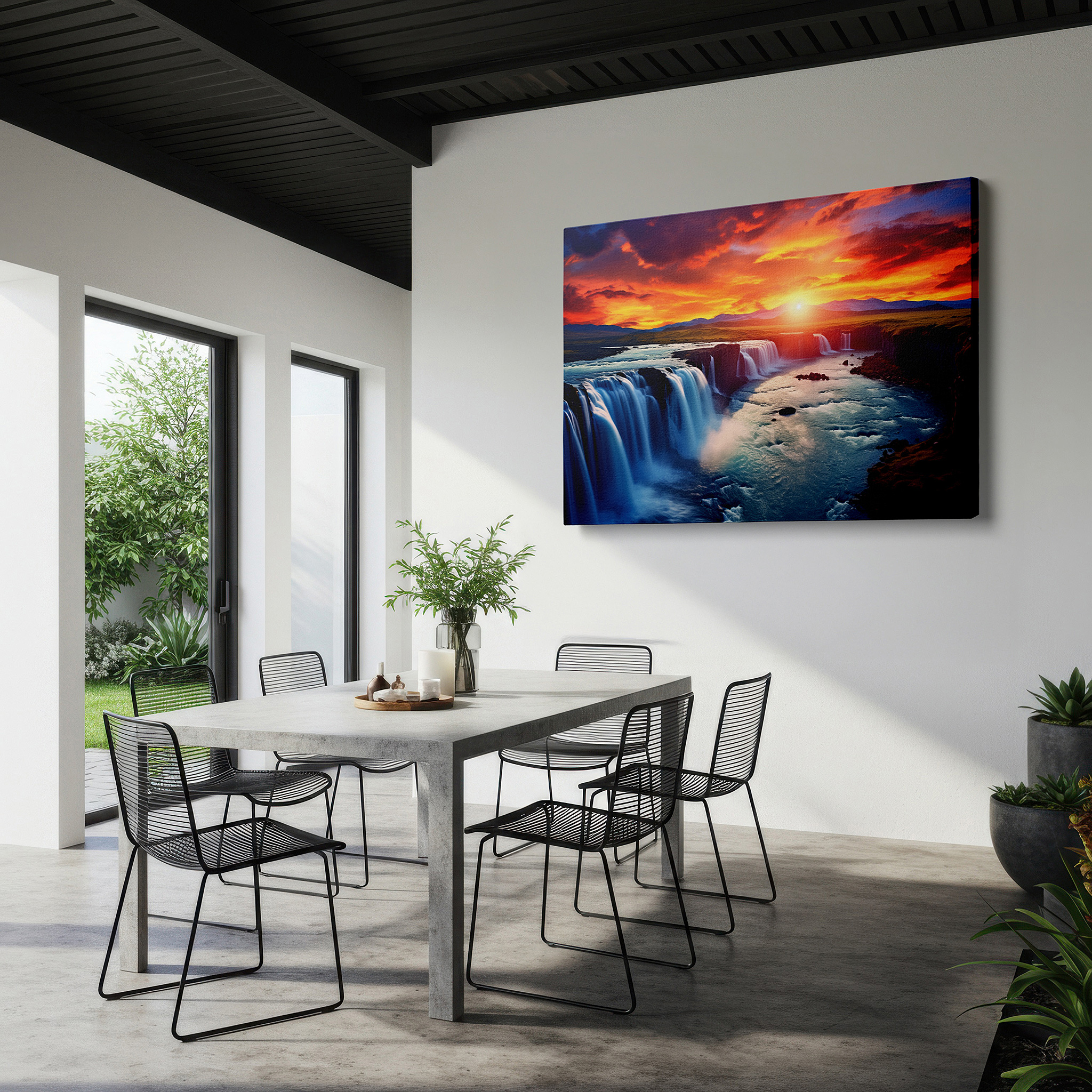 Presented on a clean white gallery wall with ample space — golden sunset over majestic waterfalls and tranquil river surrounded by lush scenery large canvas wall art for office and bedroom decor