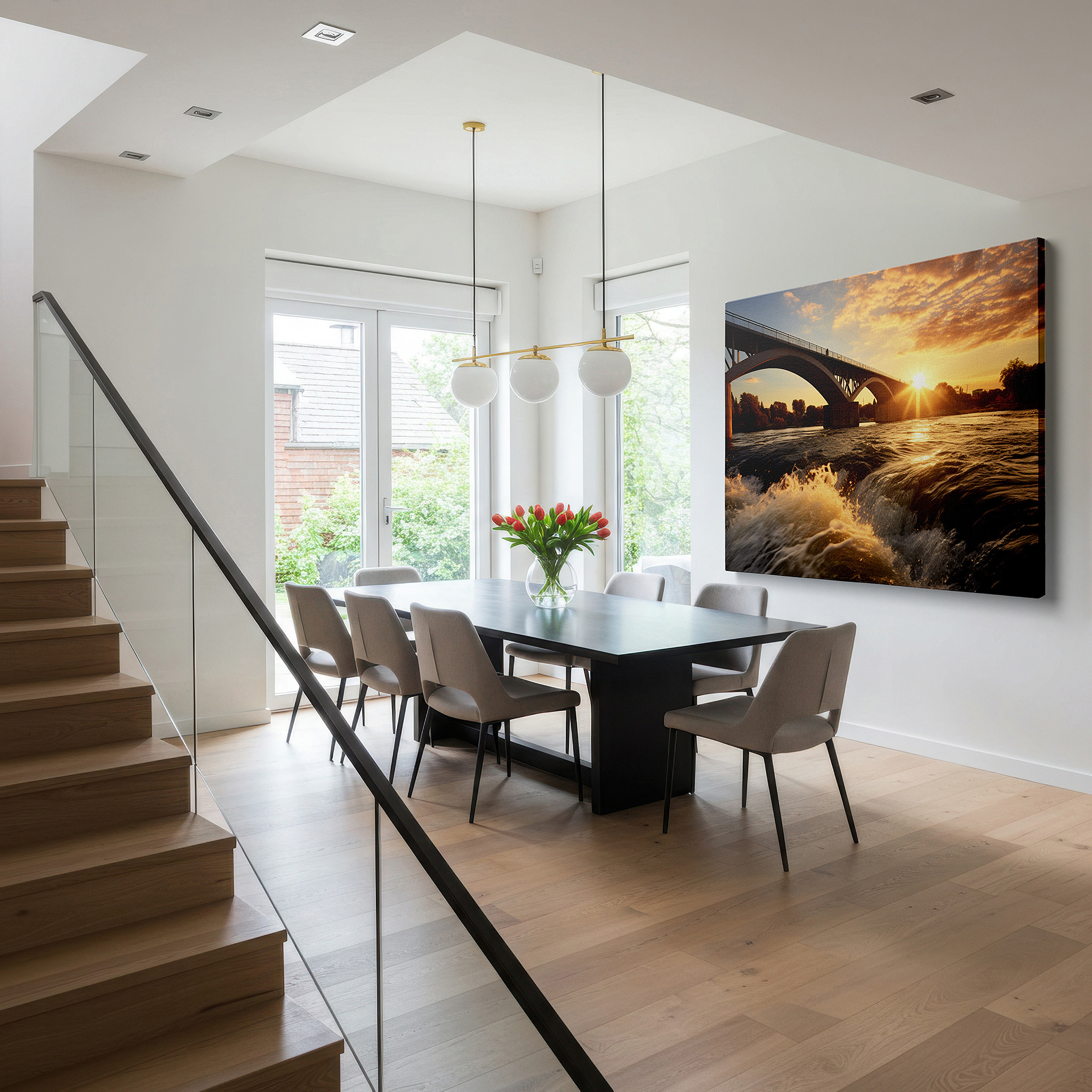 Presented on a clean white gallery wall with ample space — golden sunset and silhouetted bridge wall art: large canvas for office, bedroom, and living room decor