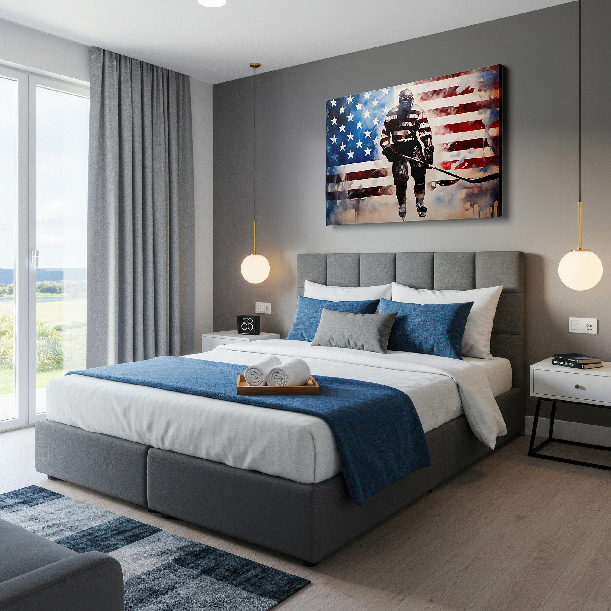Presented on a clean white gallery wall with ample space — hockey player with american flag - celebrating sport and patriotism large wall art, canvas wall art, wall decor, office wall art
