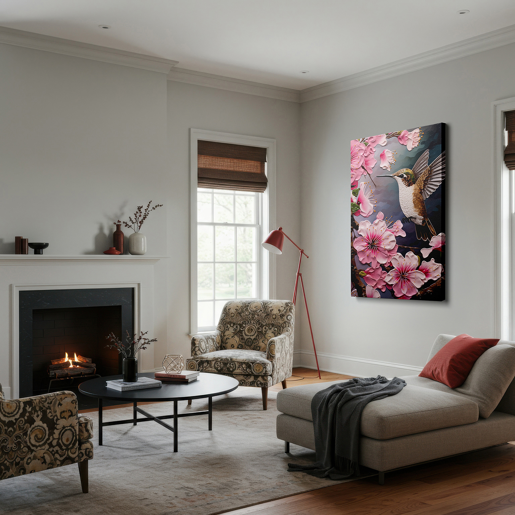 Presented on a clean white gallery wall with ample space — hummingbird's ethereal glow amid delicate pink blossoms large wall art, canvas wall art, wall decor for office and bedroom