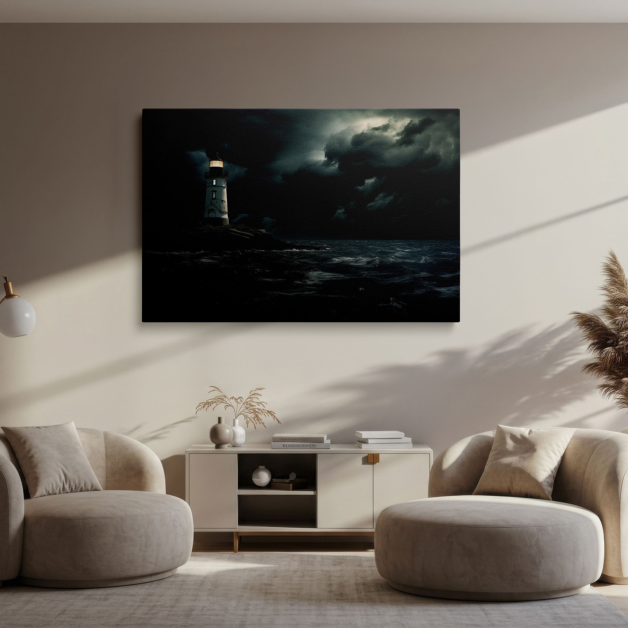 Presented on a clean white gallery wall with ample space — lighthouse amidst stormy seas wall art - symbolizing resilience and hope, perfect for home or office decor, available as large canvas
