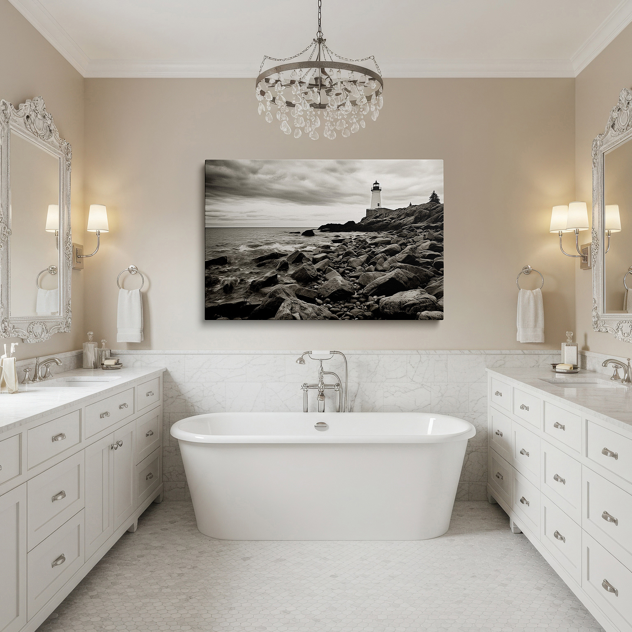 Presented on a clean white gallery wall with ample space — lighthouse of resilience wall art - a beacon of hope amidst turbulent seas, large canvas wall decor for office and bedroom