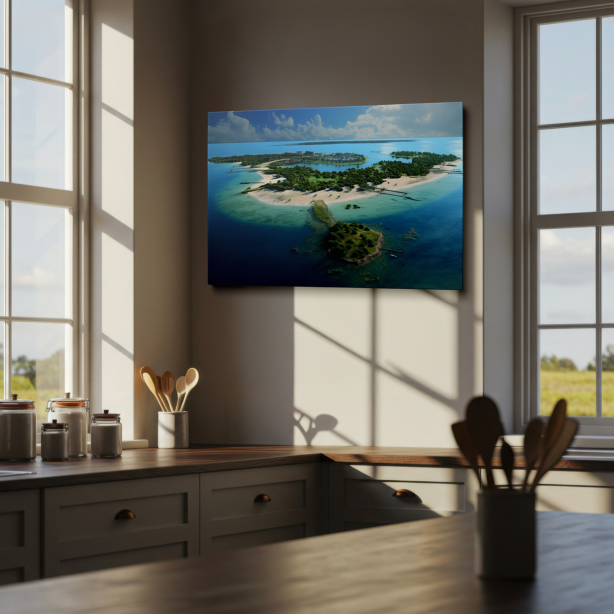 Presented on a clean white gallery wall with ample space — lush greenery and azure waters aerial view large canvas wall art, perfect for office, bedroom, and living room decor
