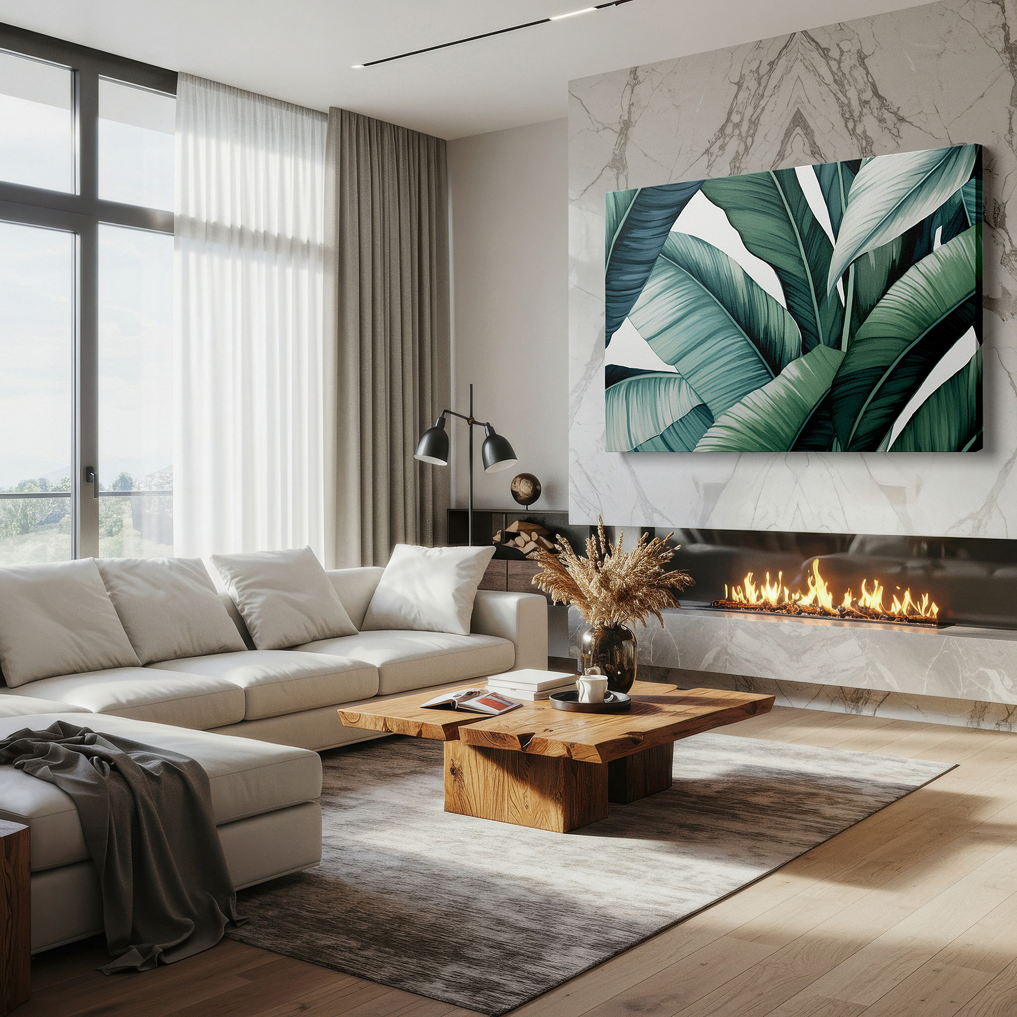 Presented on a clean white gallery wall with ample space — lush tropical foliage featuring vibrant greens: a peaceful entrance to nature's serenity - large wall art, canvas wall art, wall decor for offices