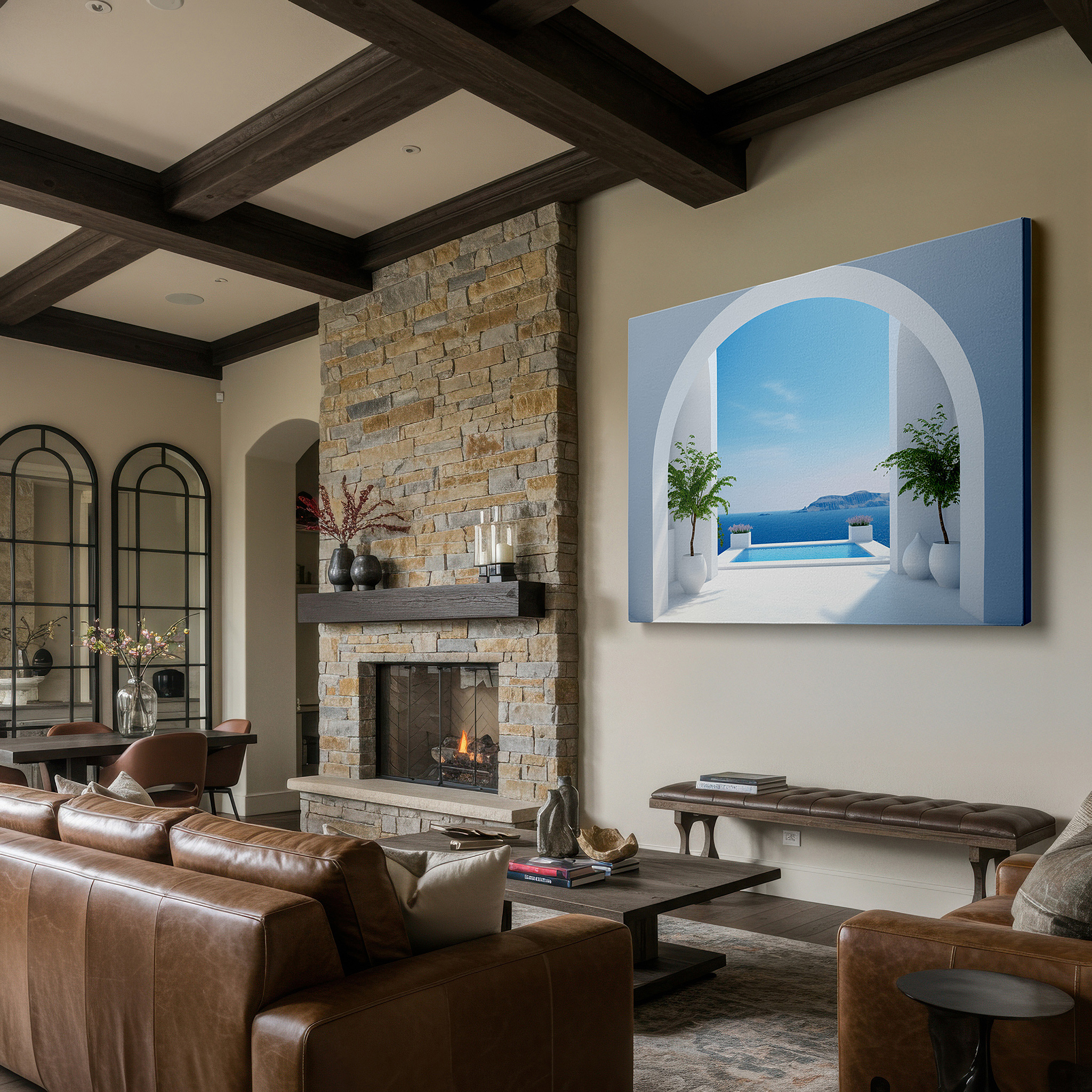 Presented on a clean white gallery wall with ample space — luxurious coastal retreat: blending human creativity with natural beauty - large wall art, canvas wall art, wall decor for offices and bedrooms