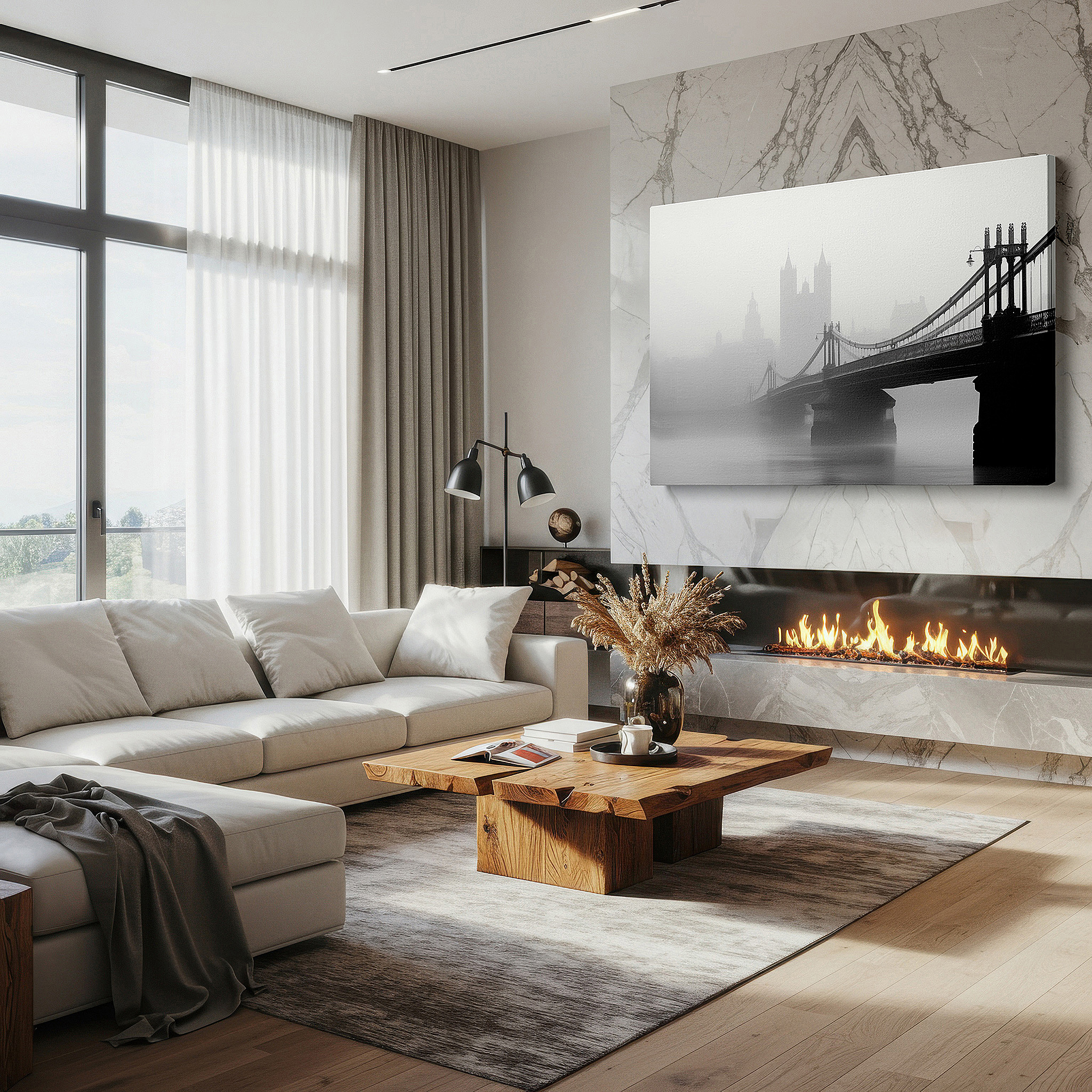 Presented on a clean white gallery wall with ample space — majestic bridge in mist - monochrome urban silhouette large wall art, canvas wall art, wall decor for office, bedroom, and living room