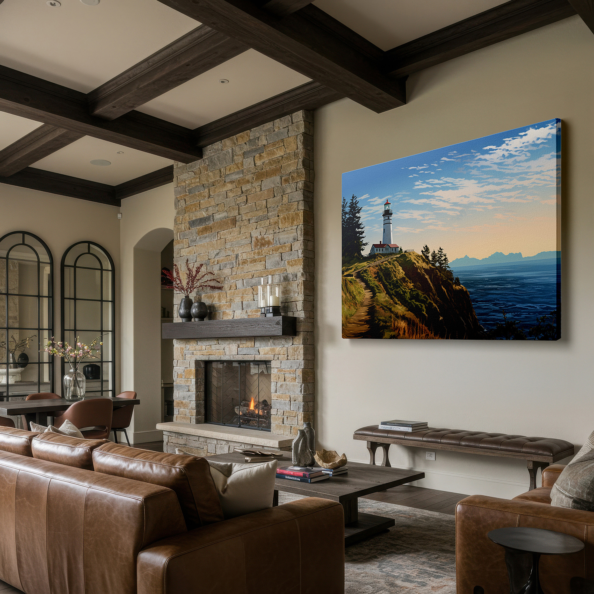Presented on a clean white gallery wall with ample space — majestic lighthouse on rugged coastline - symbolizing hope and creativity large wall art, canvas wall art, wall decor, office wall art