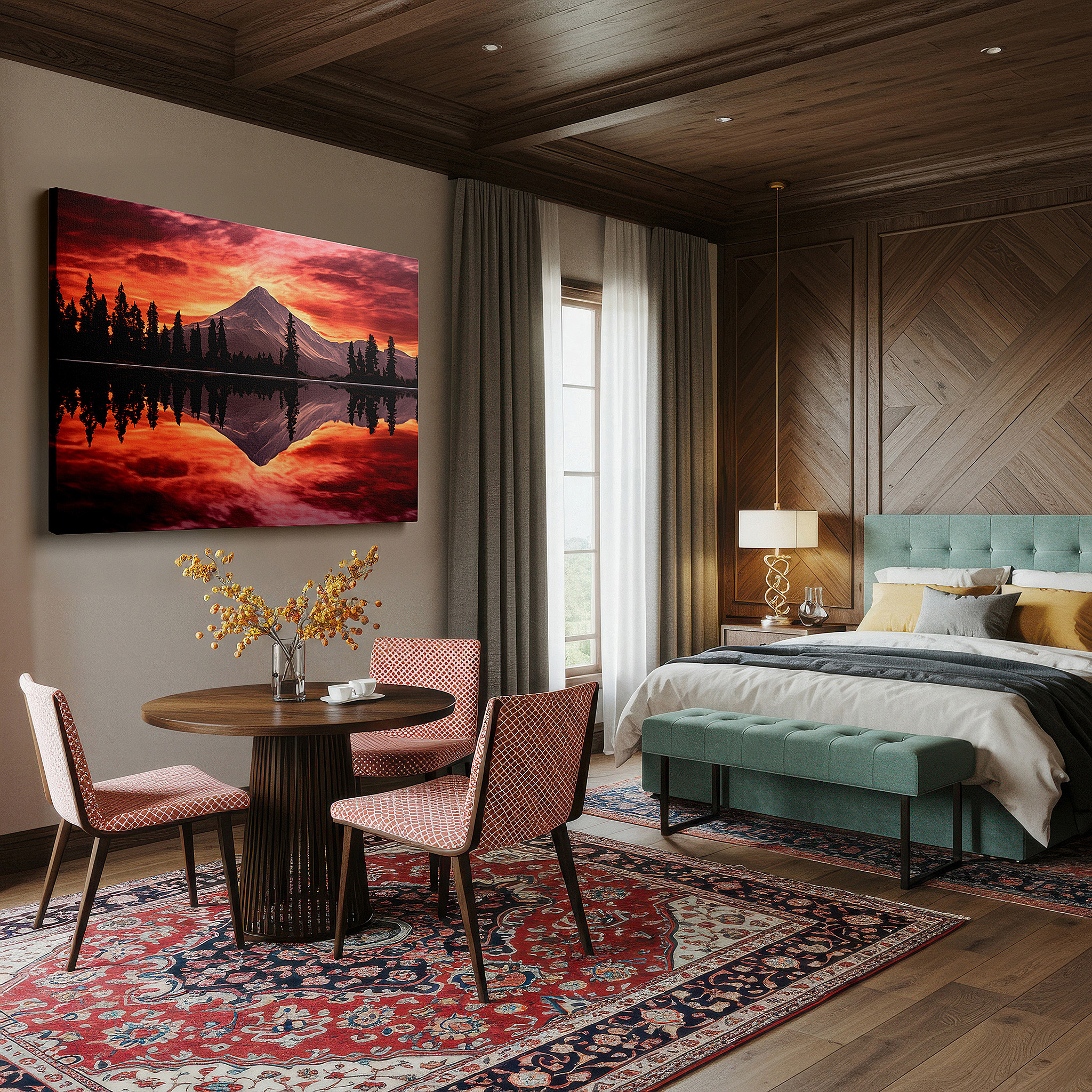Presented on a clean white gallery wall with ample space — majestic mountain sunset reflections on tranquil waters - large canvas wall art for office, bedroom, and living room decor