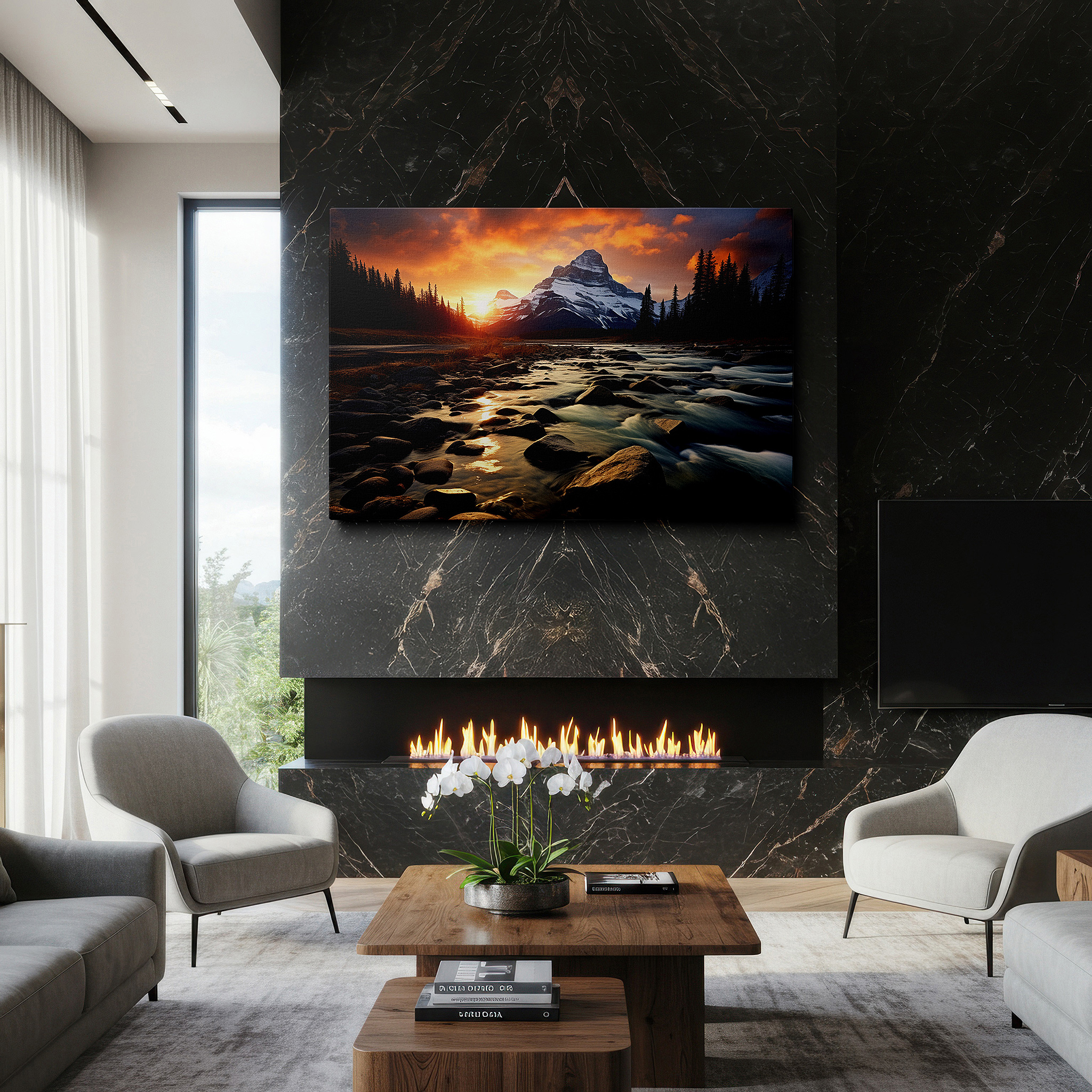 Presented on a clean white gallery wall with ample space — majestic mountain sunset, stunning natural beauty large wall art, canvas wall art, wall decor for office and bedroom
