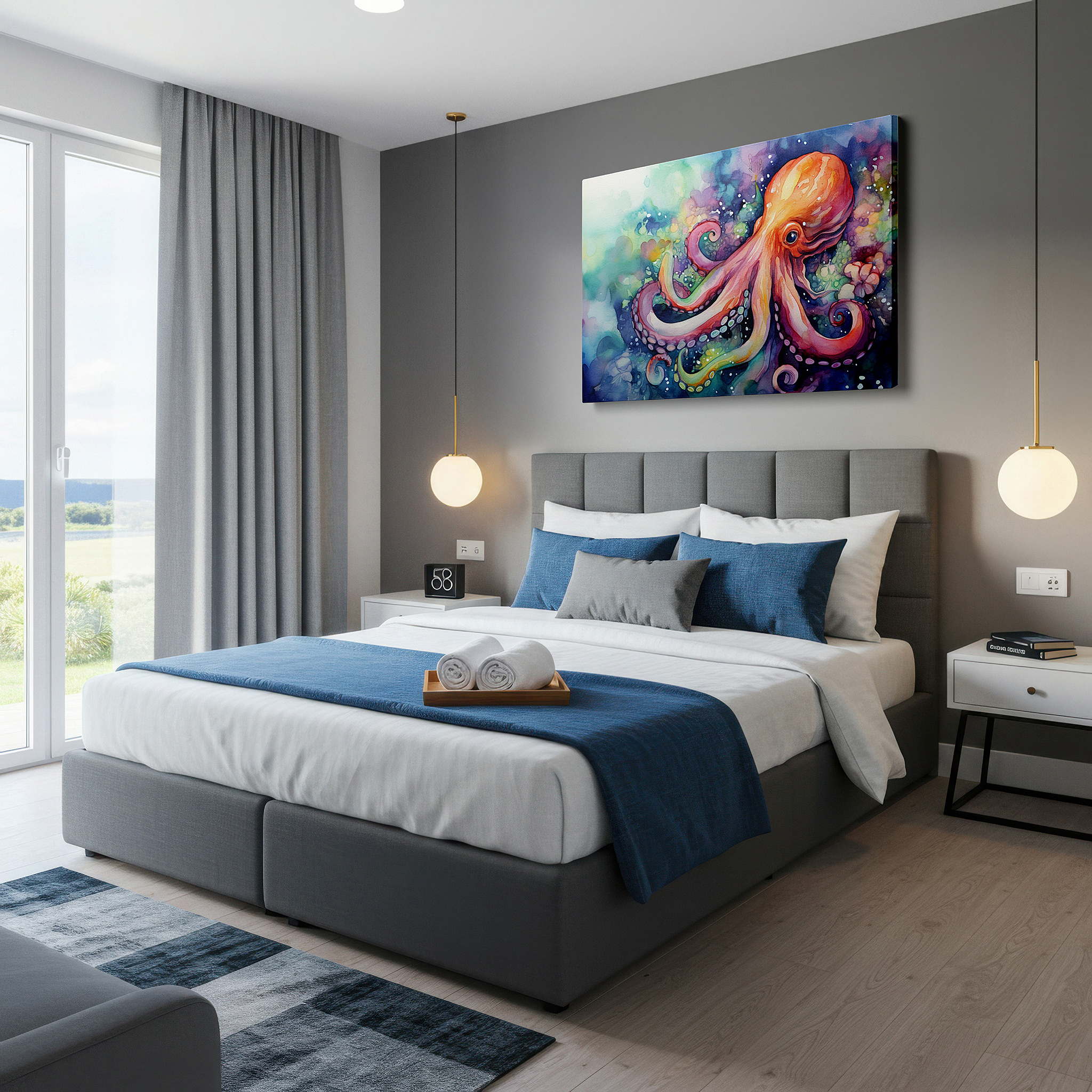 Presented on a clean white gallery wall with ample space — majestic octopus and vibrant underwater city beneath soft sunlit waves large wall art, canvas wall art, wall decor for office and bedroom