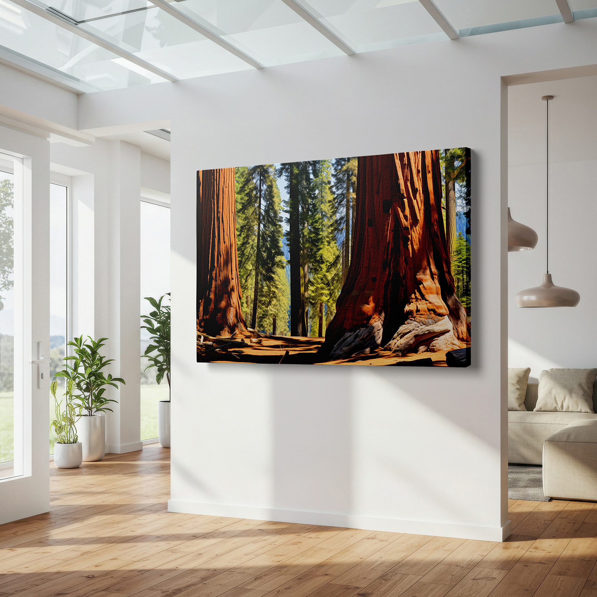 Presented on a clean white gallery wall with ample space — majestic sequoias and serene lighting - peaceful forest haven large wall art, canvas wall art, wall decor for office and bedroom