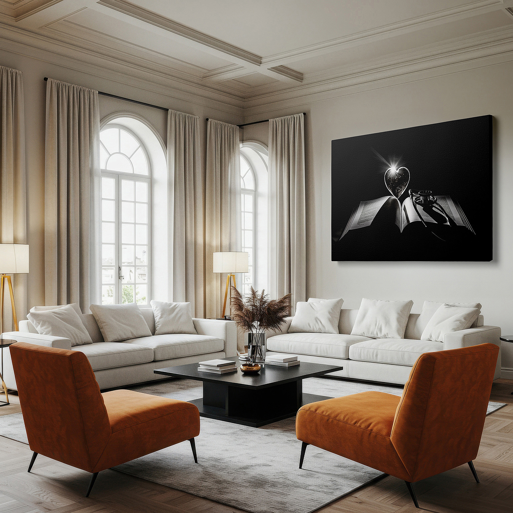 Presented on a clean white gallery wall with ample space — medical profession tribute: large wall art featuring stethoscope and heart-shaped crystal, ideal for office and bedroom decor