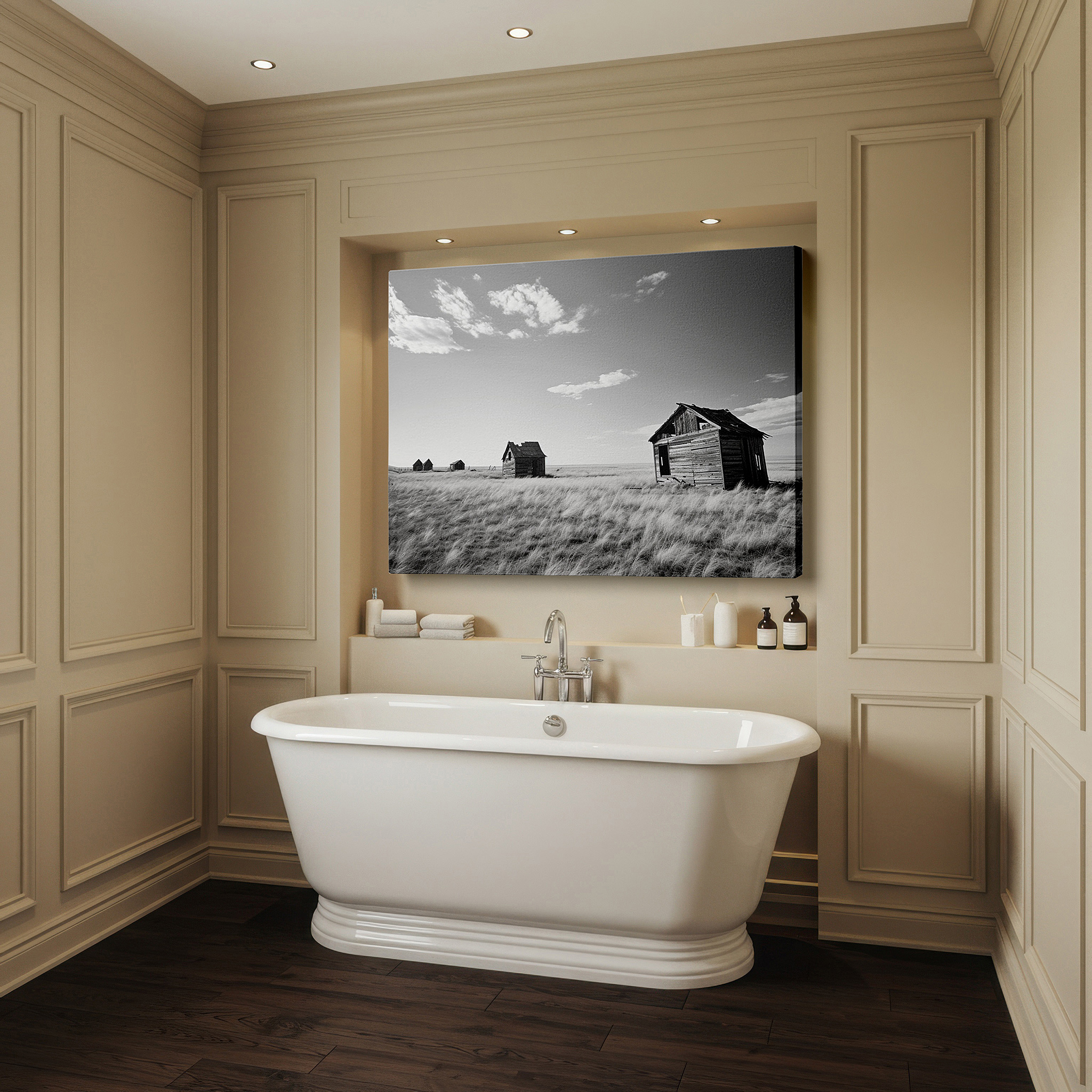 Presented on a clean white gallery wall with ample space — monochrome elegance: forgotten decay and time's reclamation - large landscape wall art, canvas decor for office