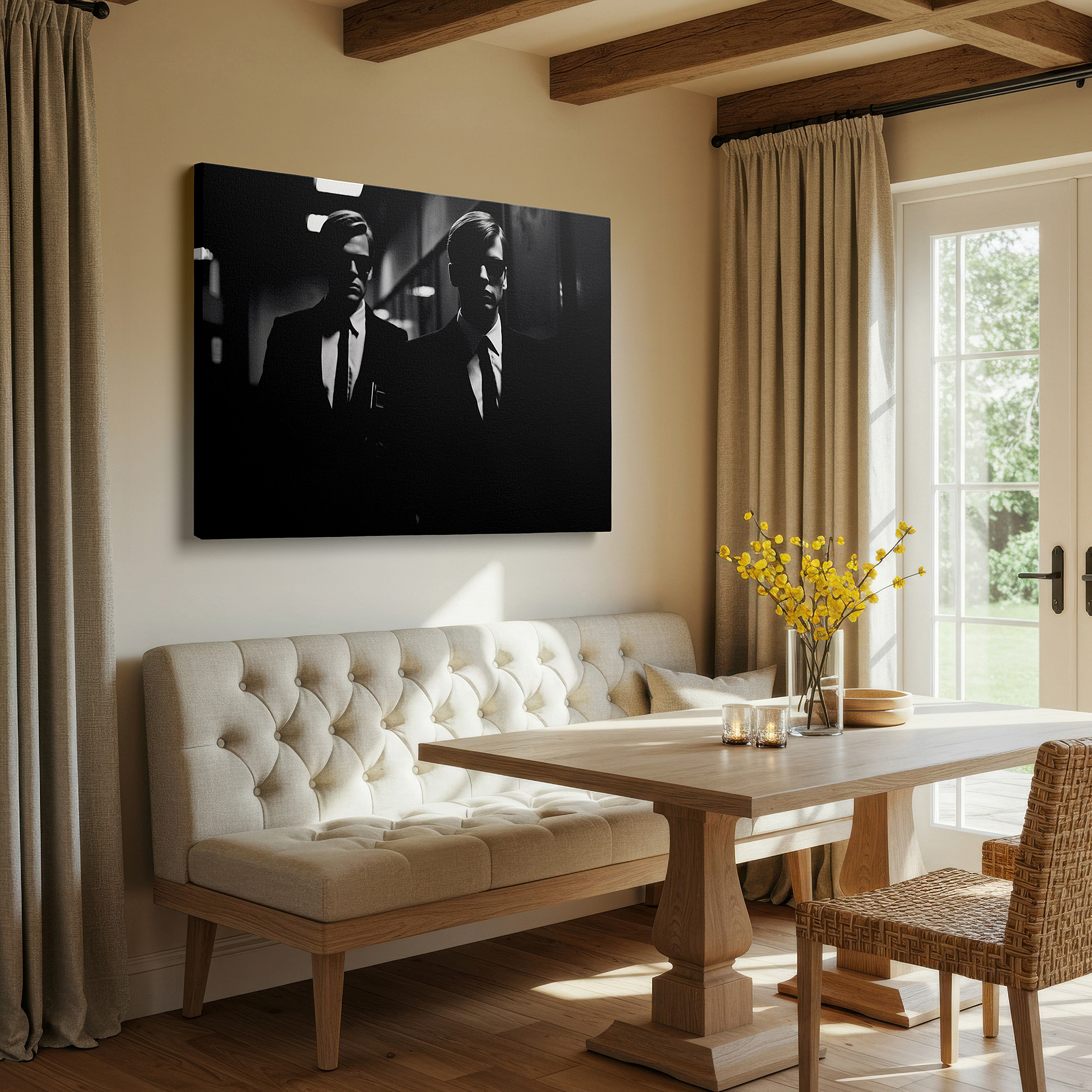 Presented on a clean white gallery wall with ample space — mysterious monochrome figures: a cinematic exploration of mystery and intrigue - large wall art, canvas wall art, wall decor for office
