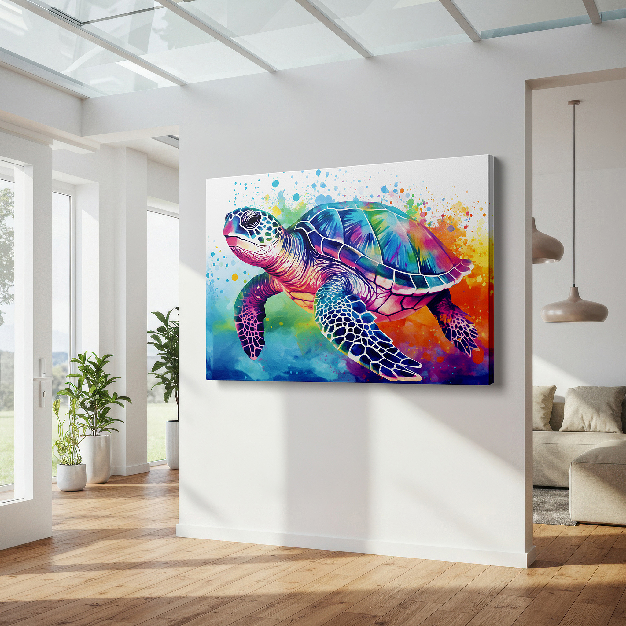 Presented on a clean white gallery wall with ample space — ocean tranquility: vibrant turtle in luminous underwater hues - large canvas wall art for home and office decor
