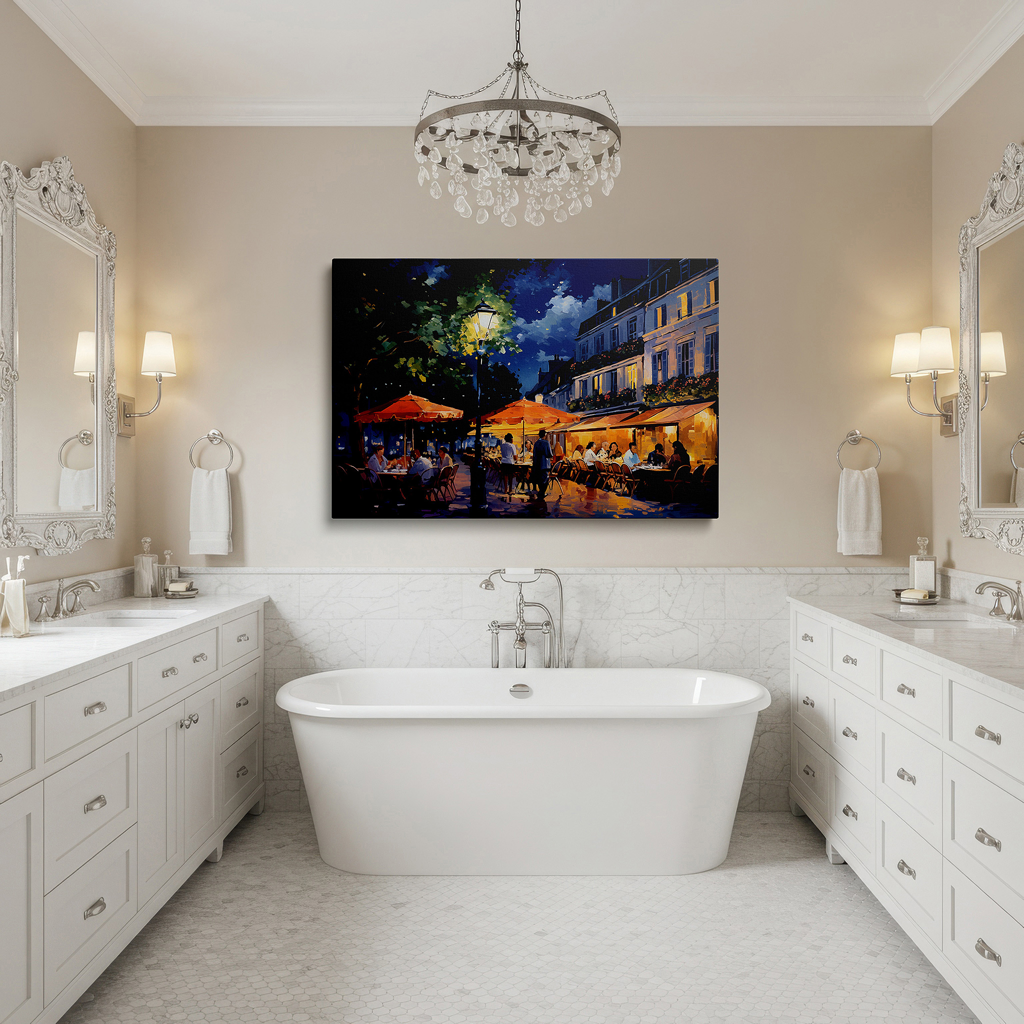 Presented on a clean white gallery wall with ample space — parisian café at night wall art - experience a vibrant evening with warm lights and city textures, ideal for office, living room, or bedroom decor