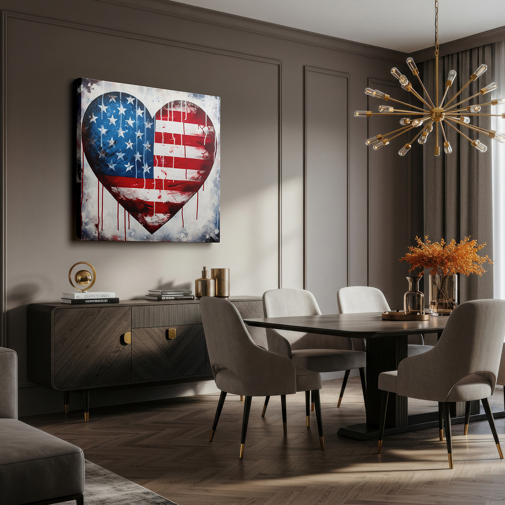 Presented on a clean white gallery wall with ample space — patriotic american flag heart design in bold red, white, and blue - large canvas wall art for home and office decor