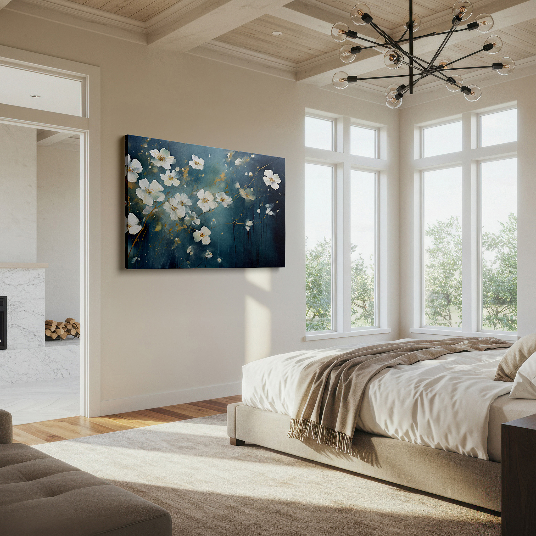 Presented on a clean white gallery wall with ample space — resilient white flowers against dark backgrounds: striking contrast in modern decor, large canvas wall art for offices and homes