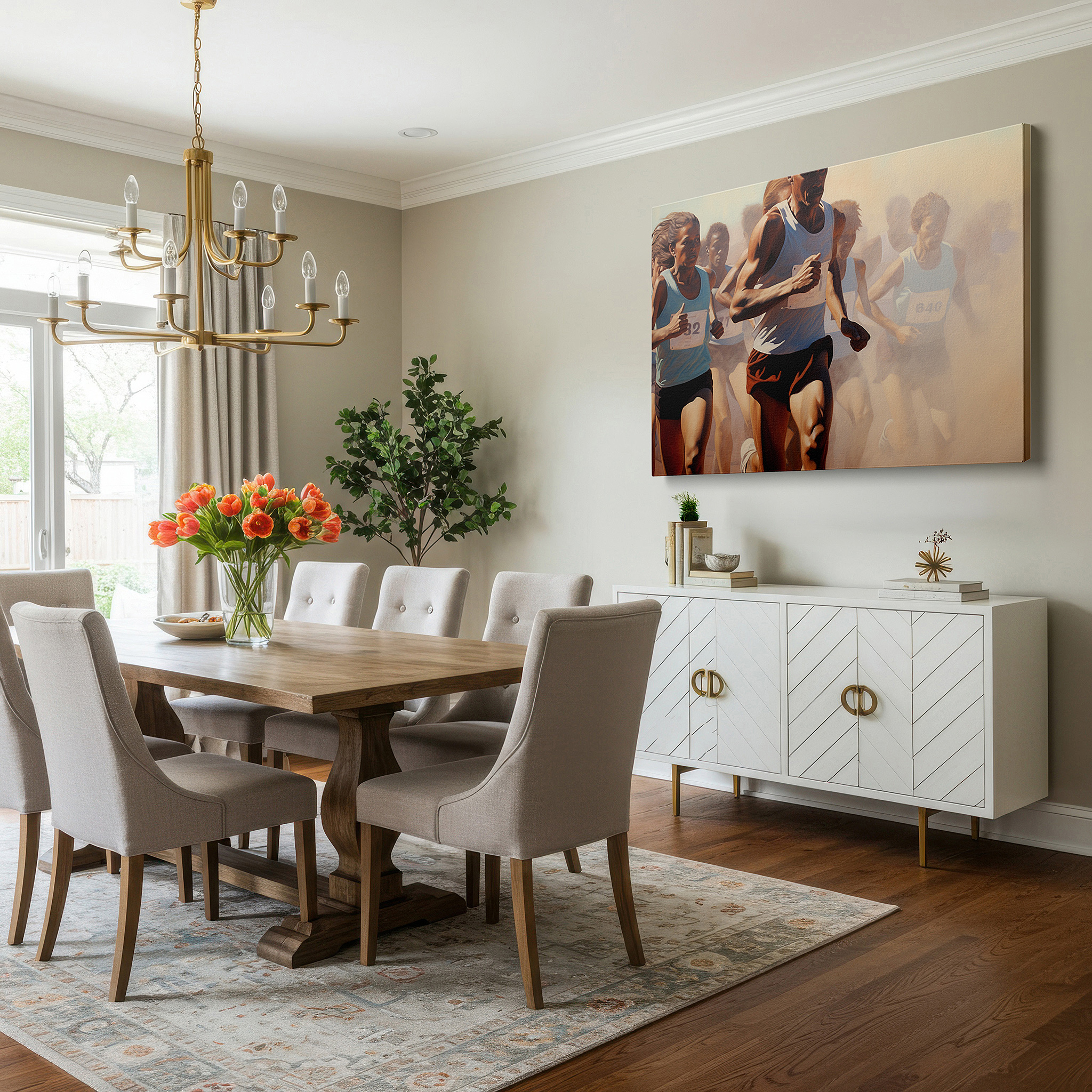 Presented on a clean white gallery wall with ample space — runners in motion: a striking display of focus, determination, and unity - large wall art, canvas wall art, wall decor for office and bedroom