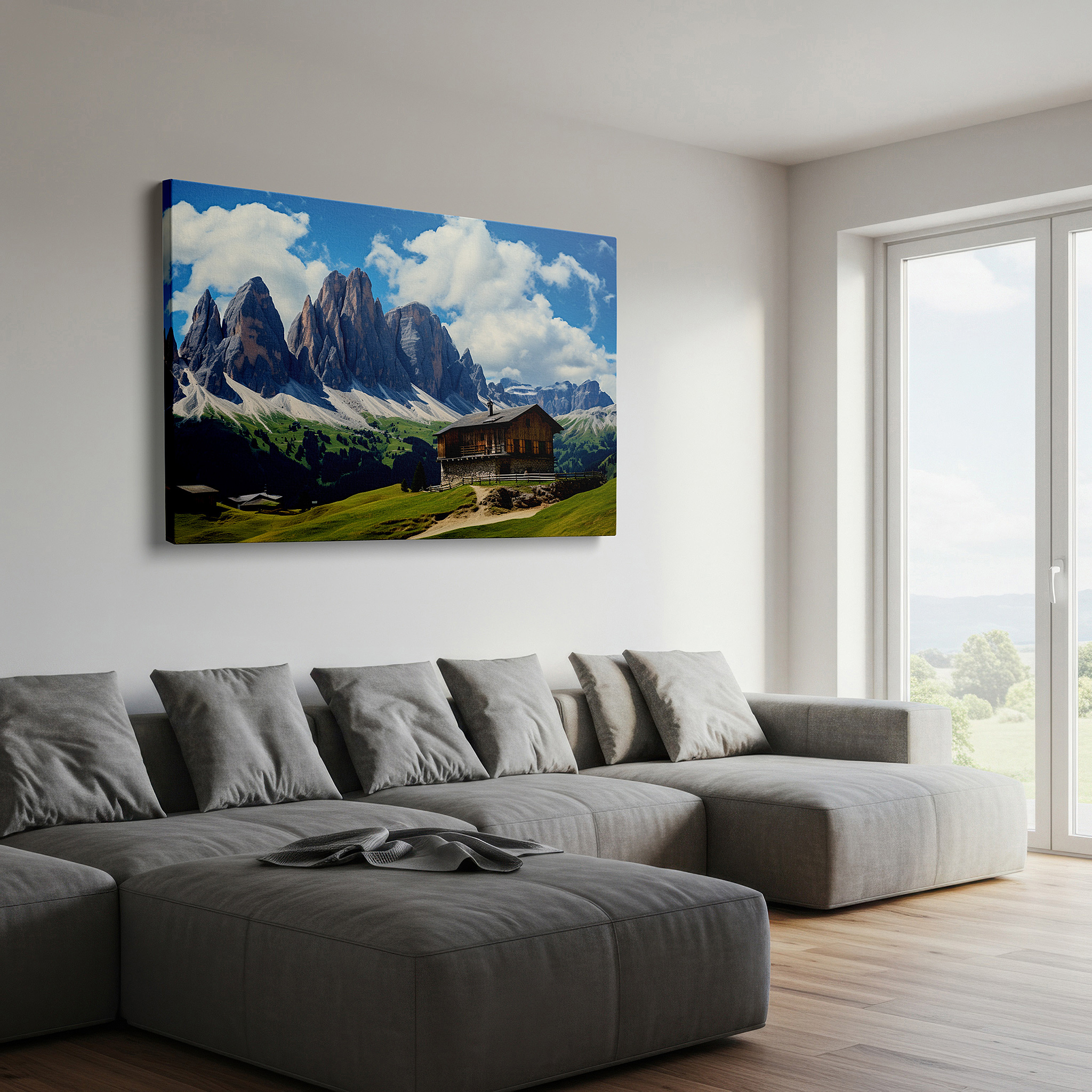 Presented on a clean white gallery wall with ample space — rustic cabin surrounded by majestic mountains and verdant meadows: a peaceful retreat for quiet contemplation - large wall art, canvas wall art, wall decor for office