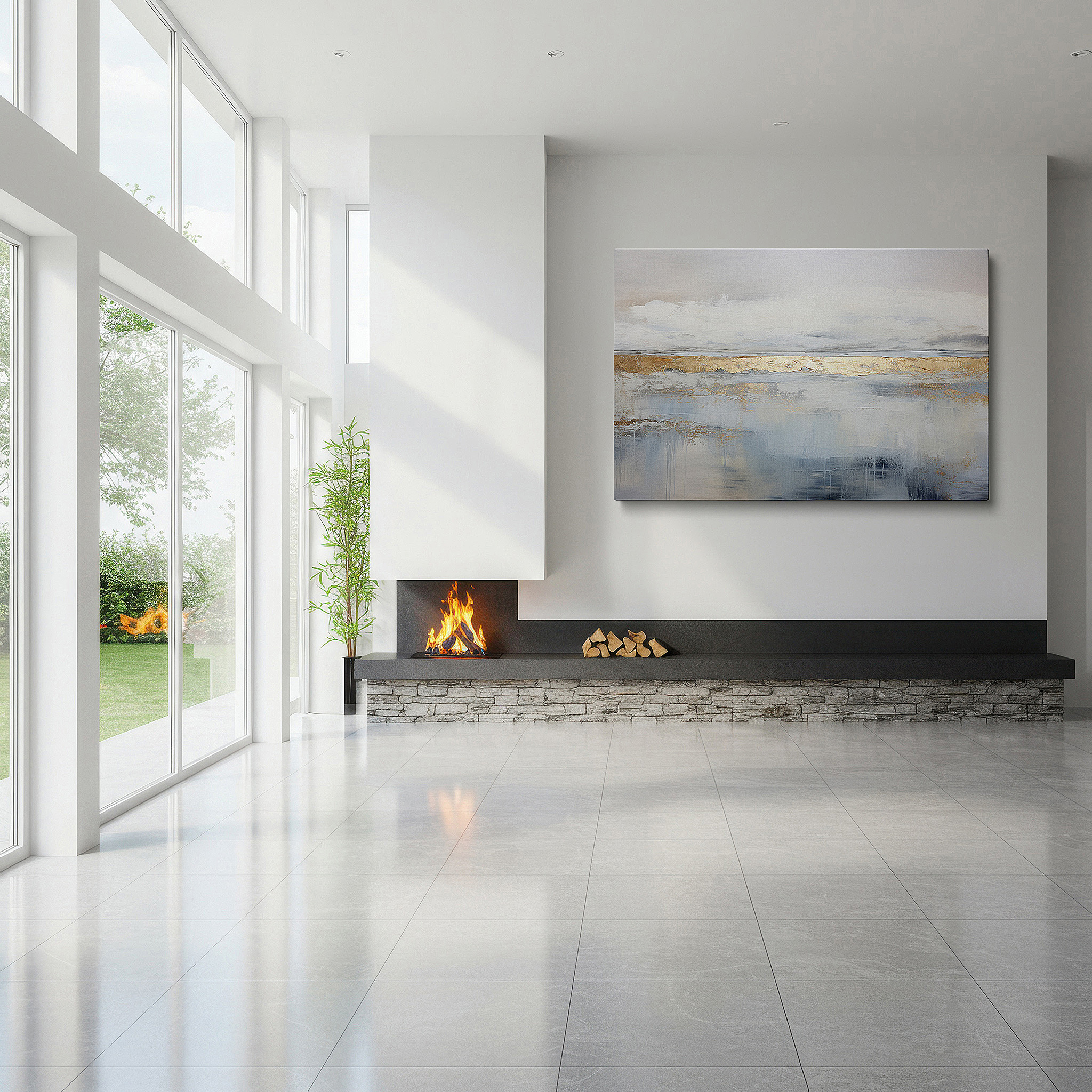 Presented on a clean white gallery wall with ample space — serene abstract landscape canvas with soft blues and golden accents, large wall art for office, bedroom, and living room decor