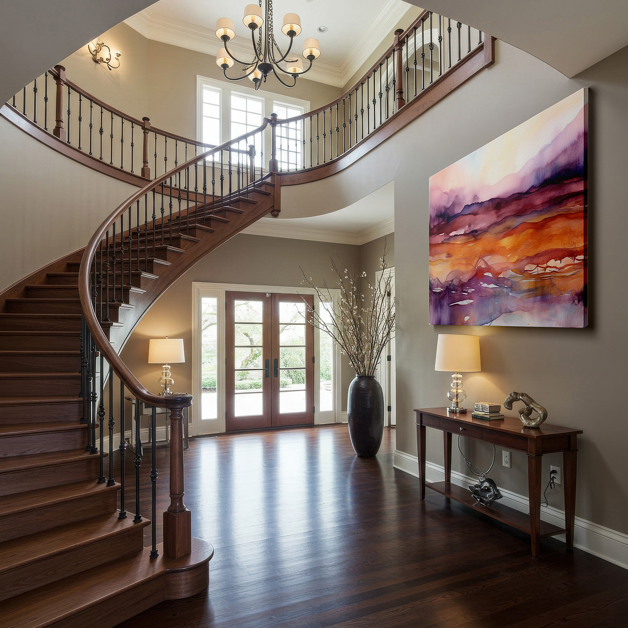 Presented on a clean white gallery wall with ample space — serene abstract landscape with soft edges and warm gradient hues, large canvas wall art for home and office decor