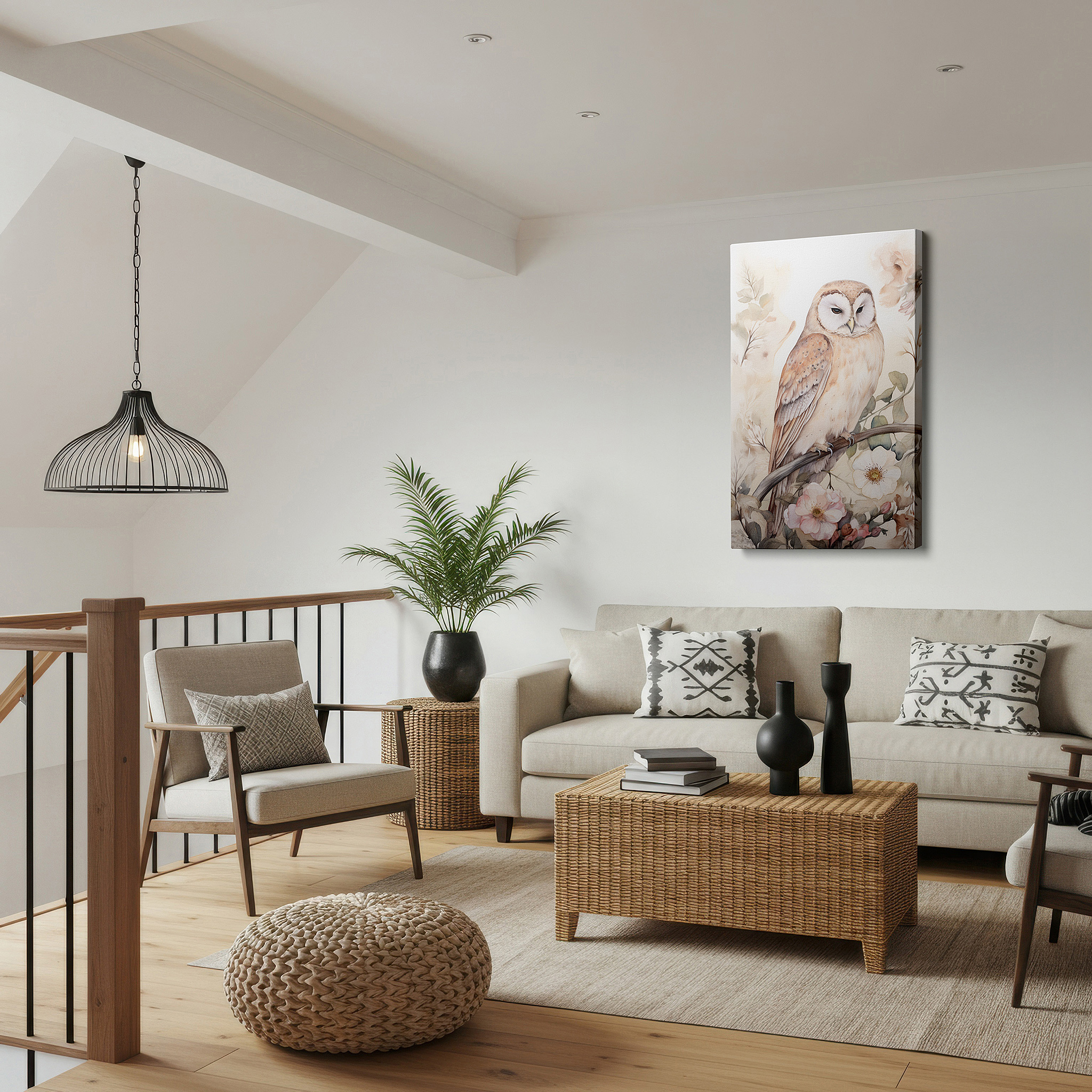 Presented on a clean white gallery wall with ample space — serene barn owl and lush florals wall art: tranquil nature tapestry, large canvas for home and office decor
