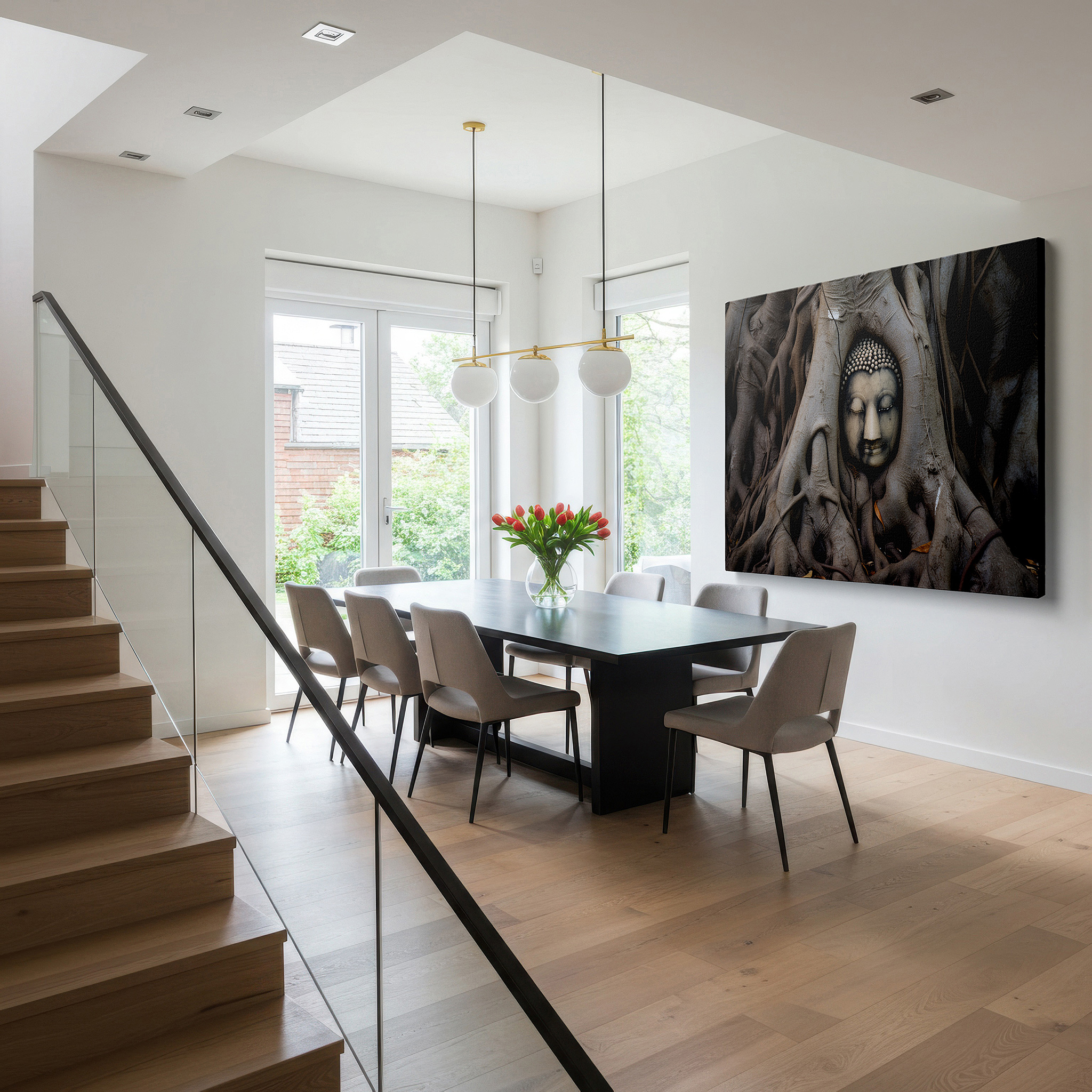 Presented on a clean white gallery wall with ample space — serene buddha amidst ancient roots wall art: a symbol of peace and nature's embrace - ideal for office and bedroom decor, large canvas wall art