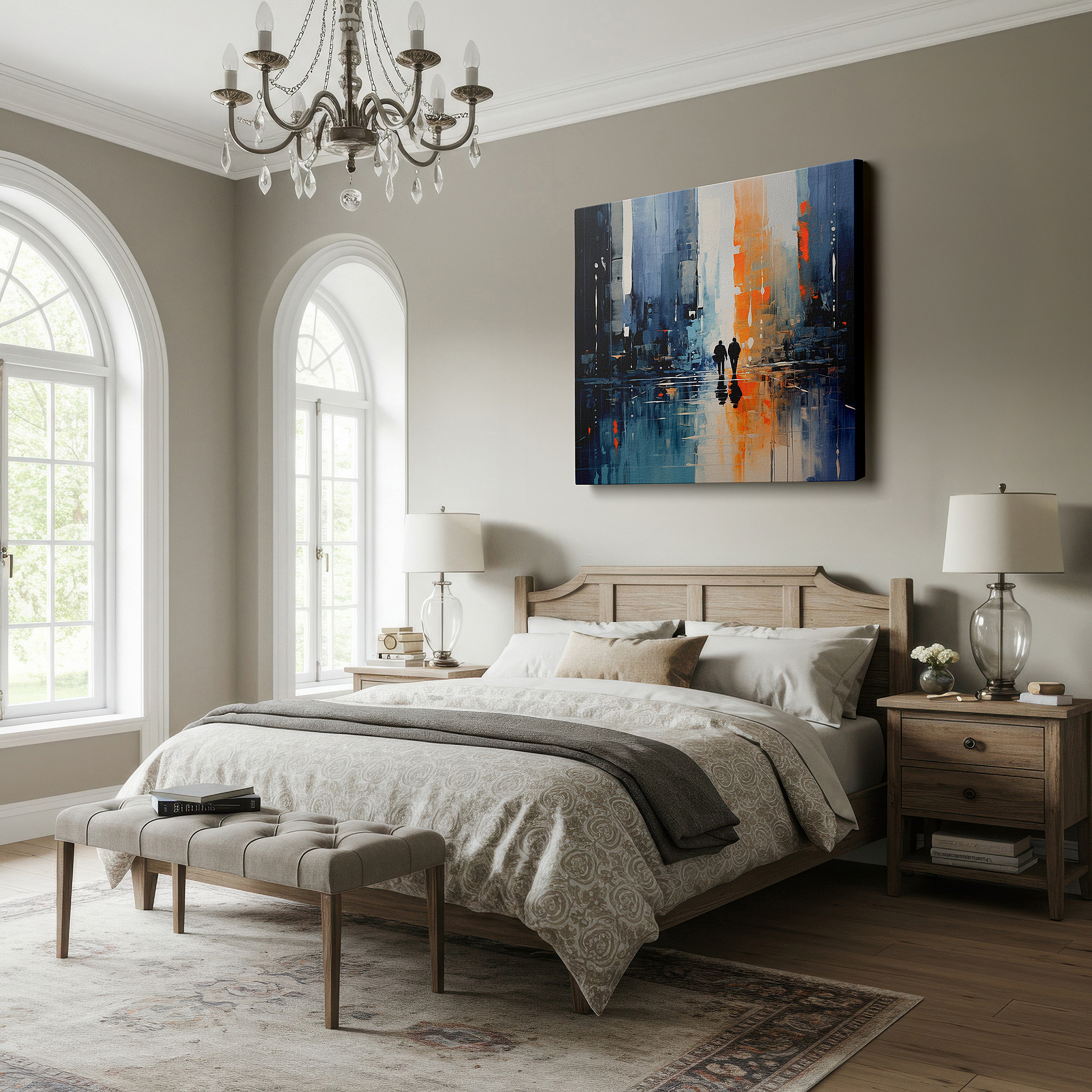 Presented on a clean white gallery wall with ample space — serene companionship in the twilight glow amidst a busy cityscape: large wall art, canvas wall art, wall decor for office and bedroom