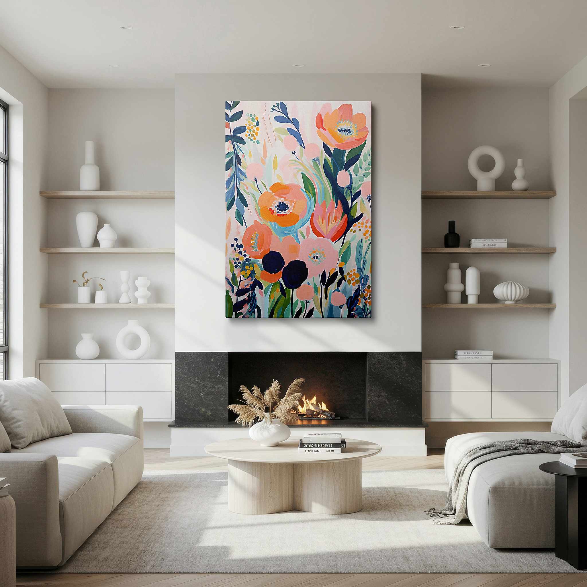 Presented on a clean white gallery wall with ample space — serene dawn in soft pastels: ethereal beauty of a tranquil garden - large wall art, canvas wall art, wall decor for office and bedroom