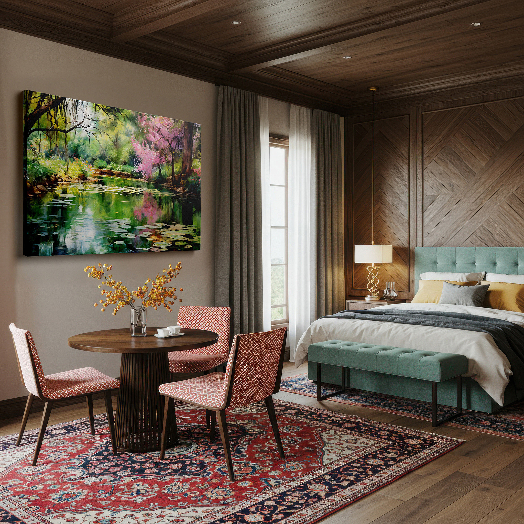 Presented on a clean white gallery wall with ample space — serene garden pond canvas wall art featuring lush greenery and ethereal blossoms - large wall decor for office