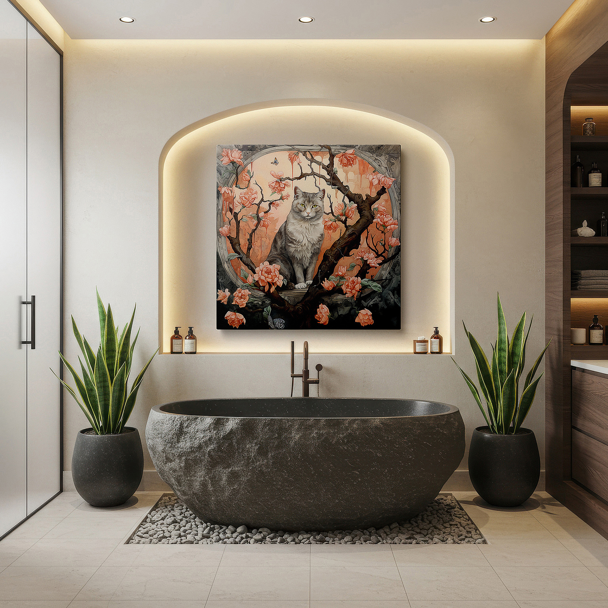 Presented on a clean white gallery wall with ample space — serene gray cat among blooming flowers, tranquil nature scene large wall art, canvas wall art, wall decor for office and bedroom