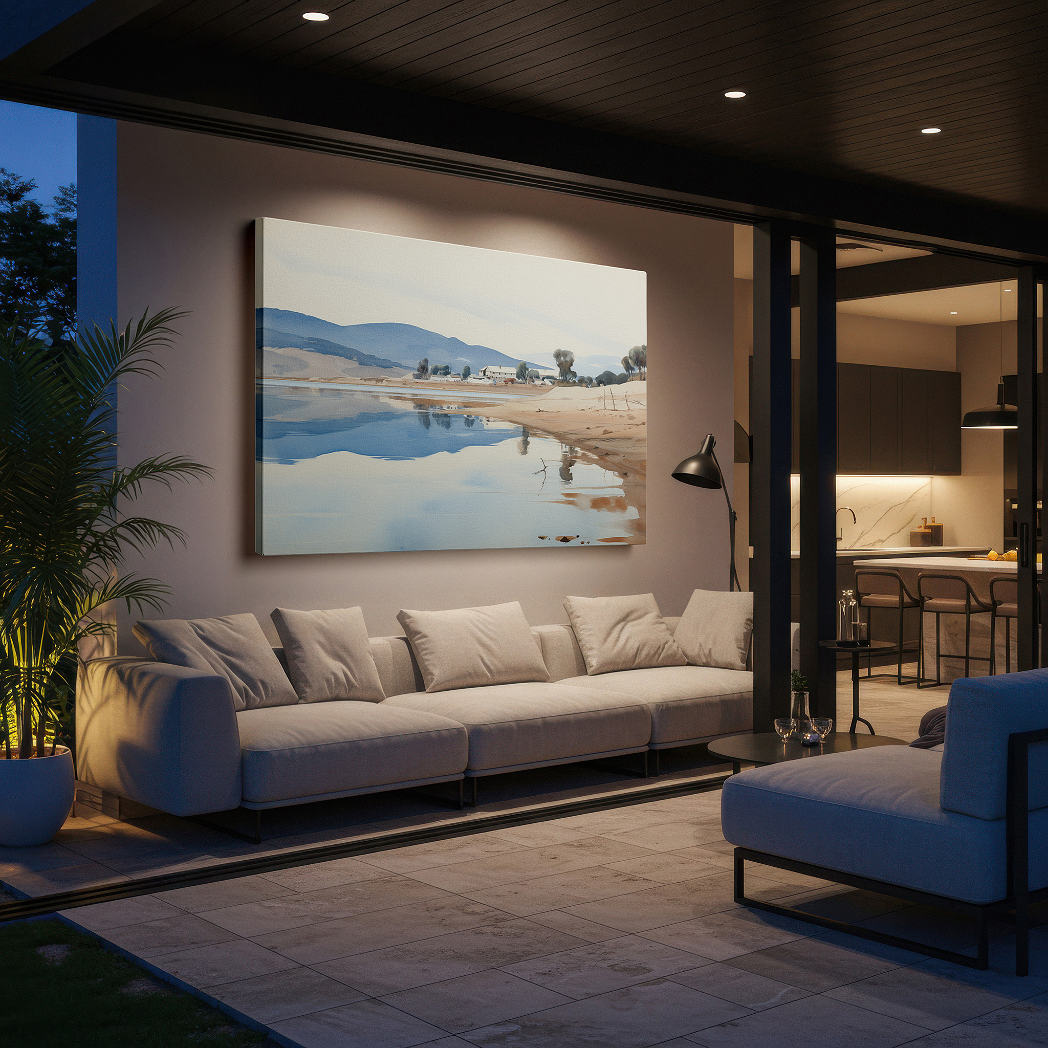 Presented on a clean white gallery wall with ample space — serene lakeside at dawn: ethereal reflections of soft hues in tranquil waters - large canvas wall art for office and bedroom decor