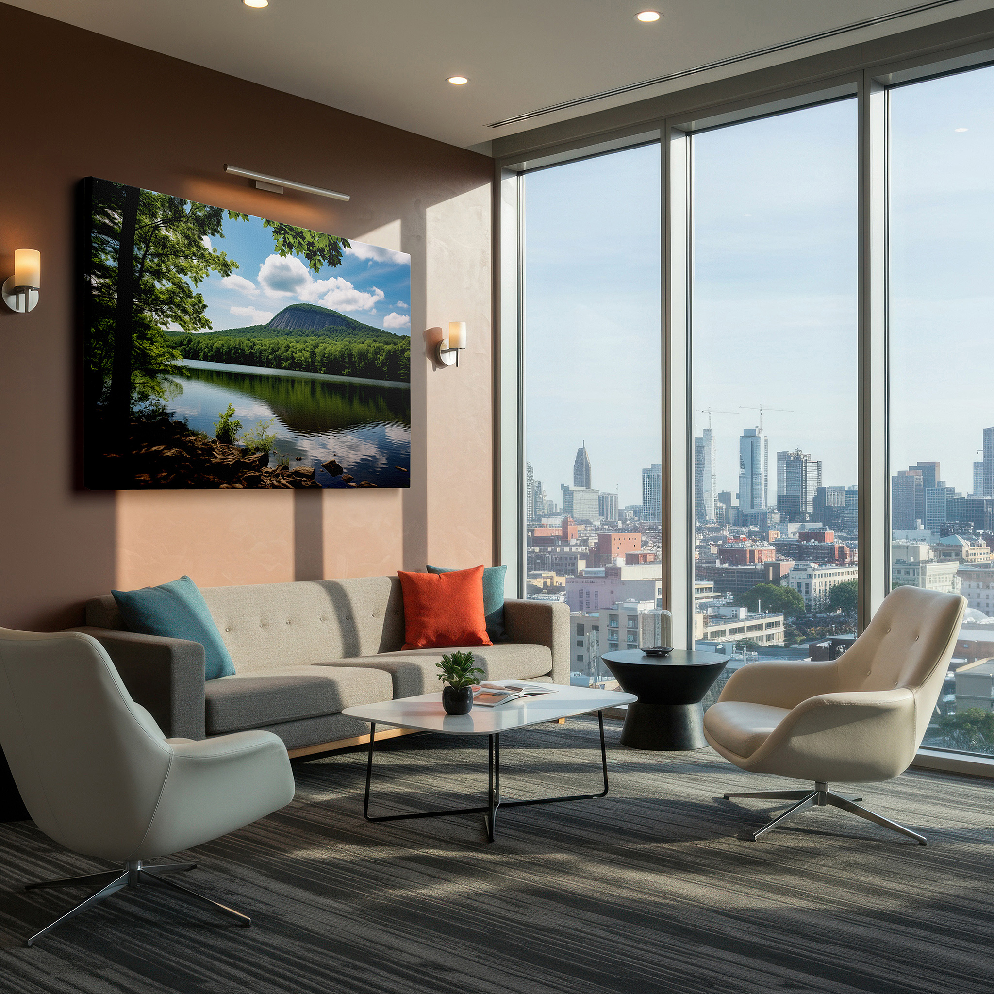 Presented on a clean white gallery wall with ample space — serene lakeside landscape with majestic mountain reflections and lush forests large wall art, canvas wall art, wall decor for office and bedroom