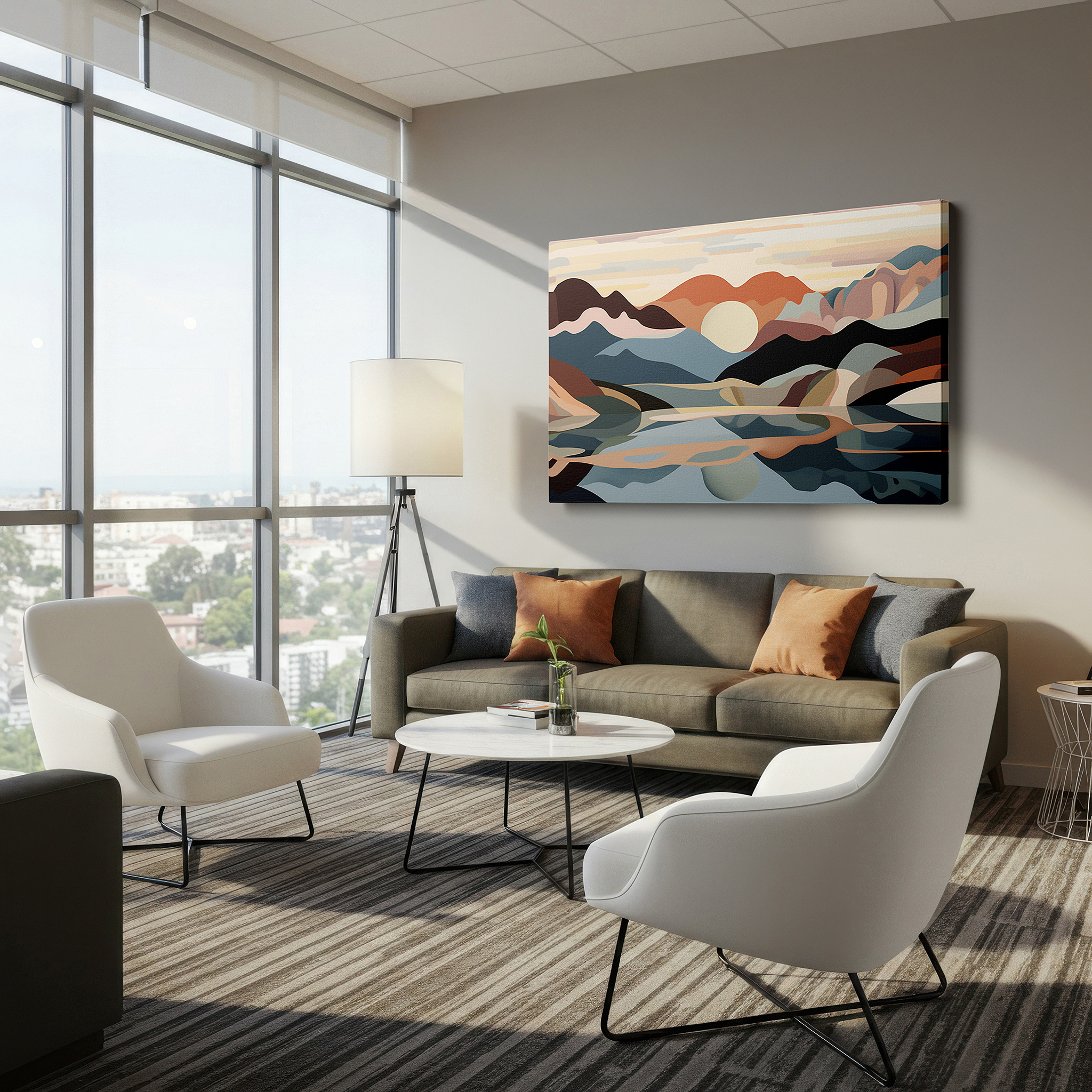 Presented on a clean white gallery wall with ample space — serene landscape canvas with reflective waters and warm hues, large wall art for office, bedroom, and living room decor