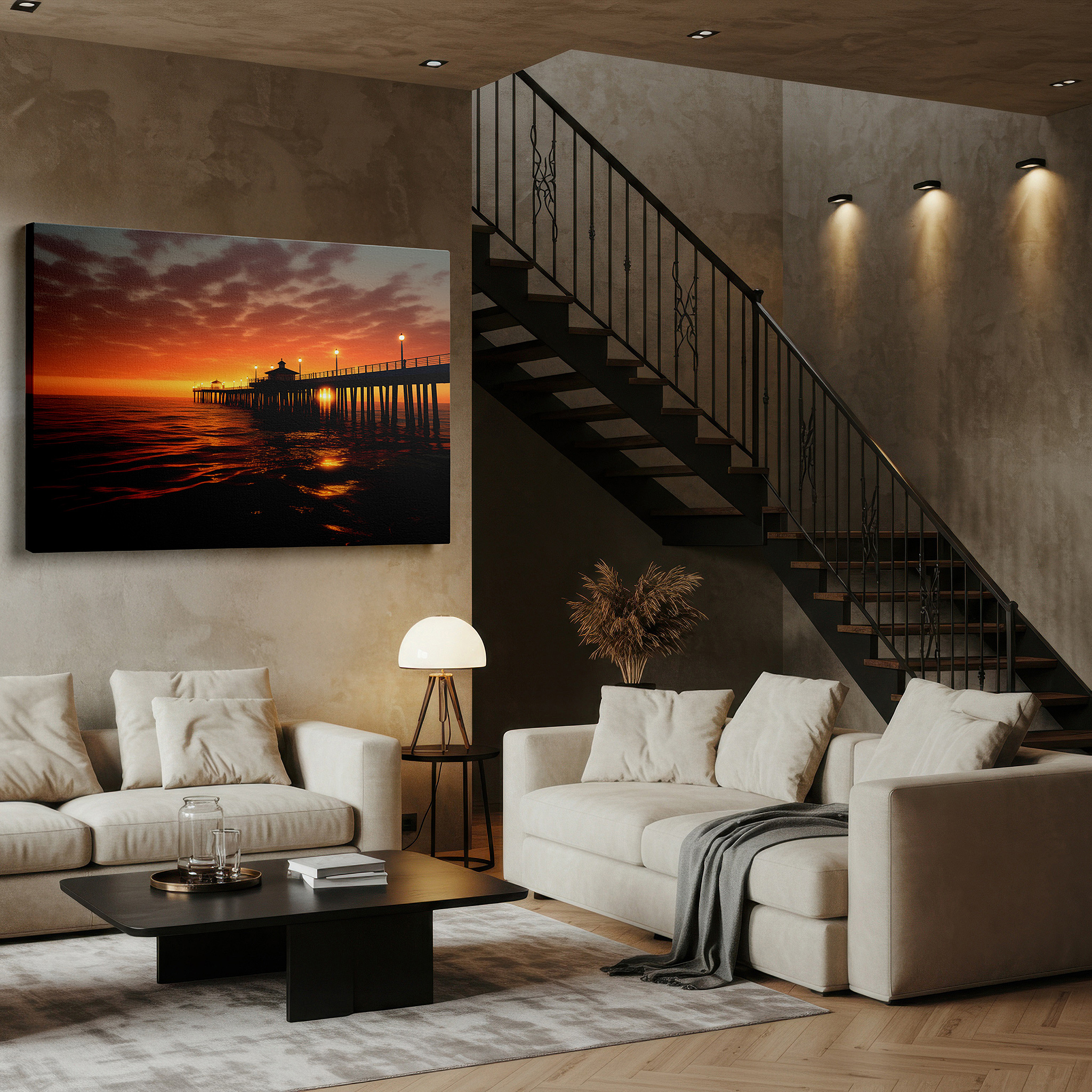 Presented on a clean white gallery wall with ample space — serene sunset at the pier: tranquil beauty ideal for calm and inspiration - large wall art, canvas wall art, wall decor for office